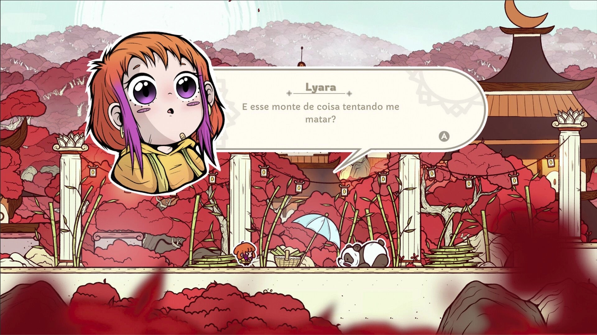 Lyara: Dialogue box with Lyara portrait and A prompt in a red forest shrine with panda enemy.