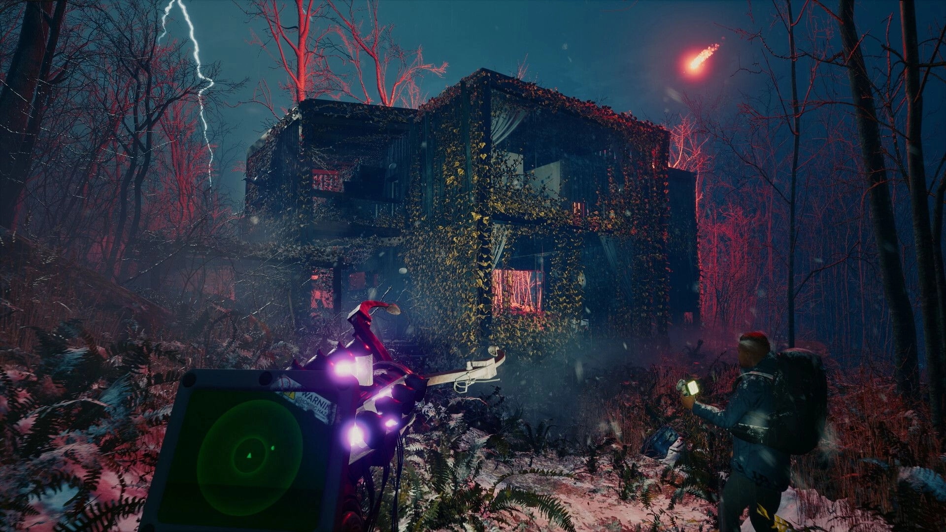 Macabre: Player with scanner approaches overgrown house in eerie forest under red-lit sky and lightning.