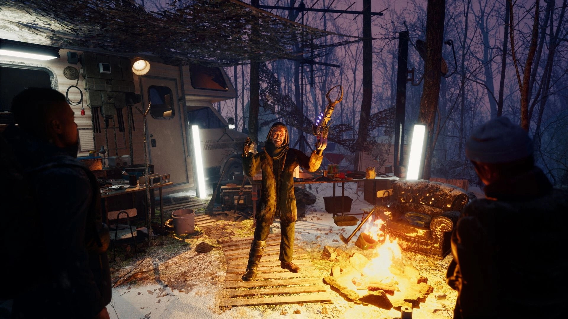 Macabre: Character with mechanical arm gestures near campfire in snowy forest with RV and equipment.