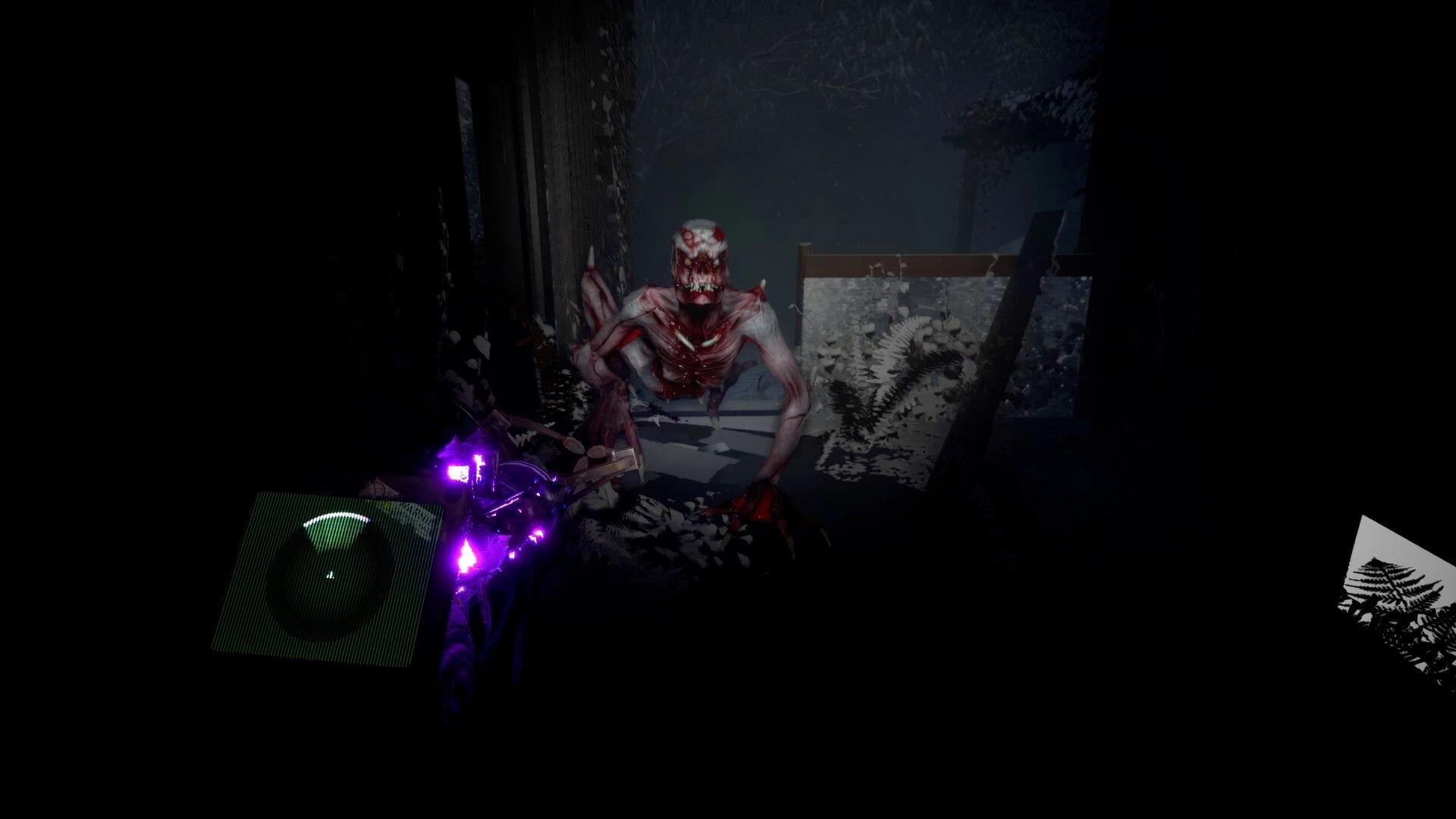 Macabre: Mutant creature lunges in dark corridor with glowing radar and weapon in foreground