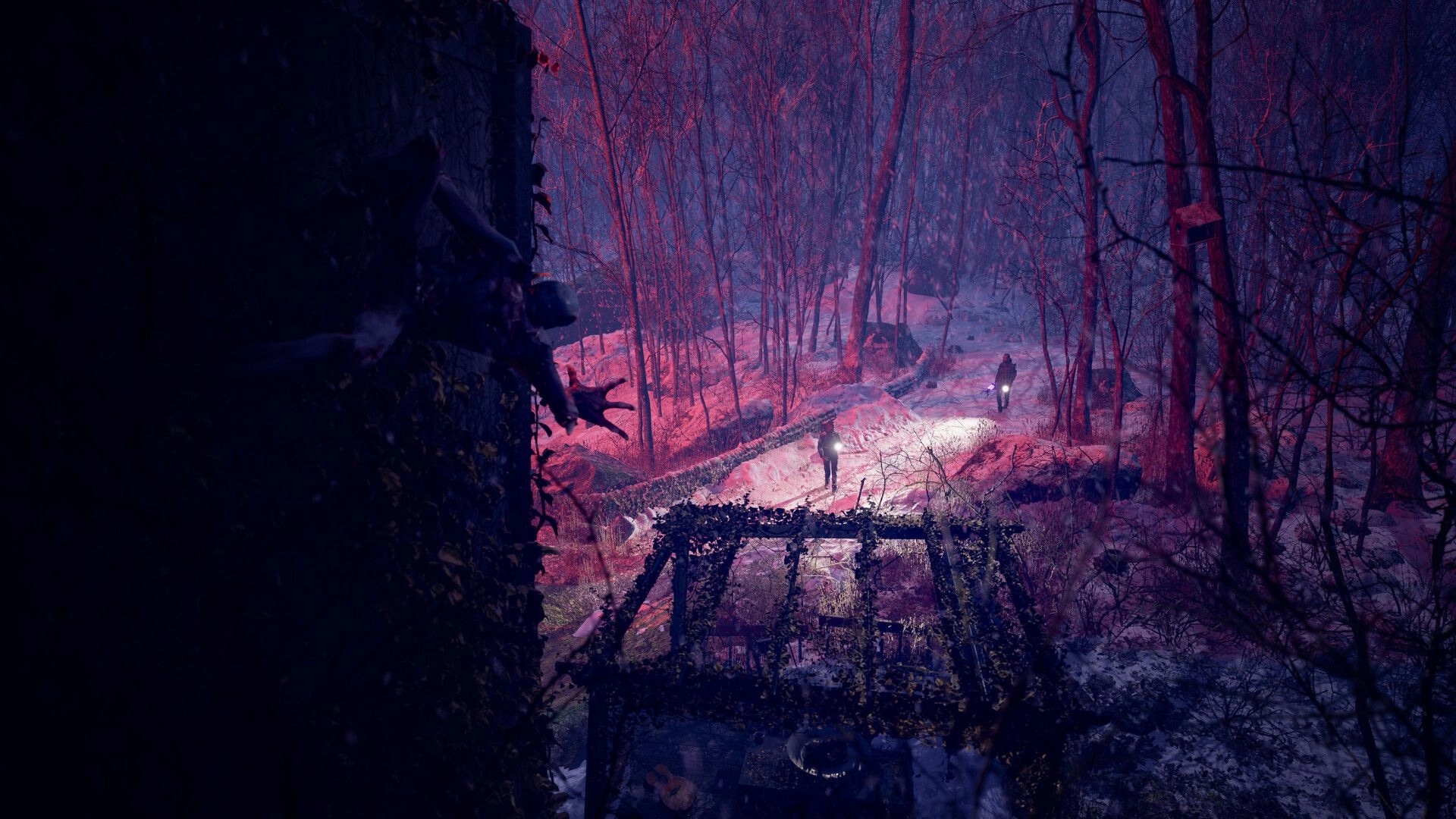 Macabre: Creature lurks on dark wall as a player with flashlight walks through eerie, snow-covered forest.