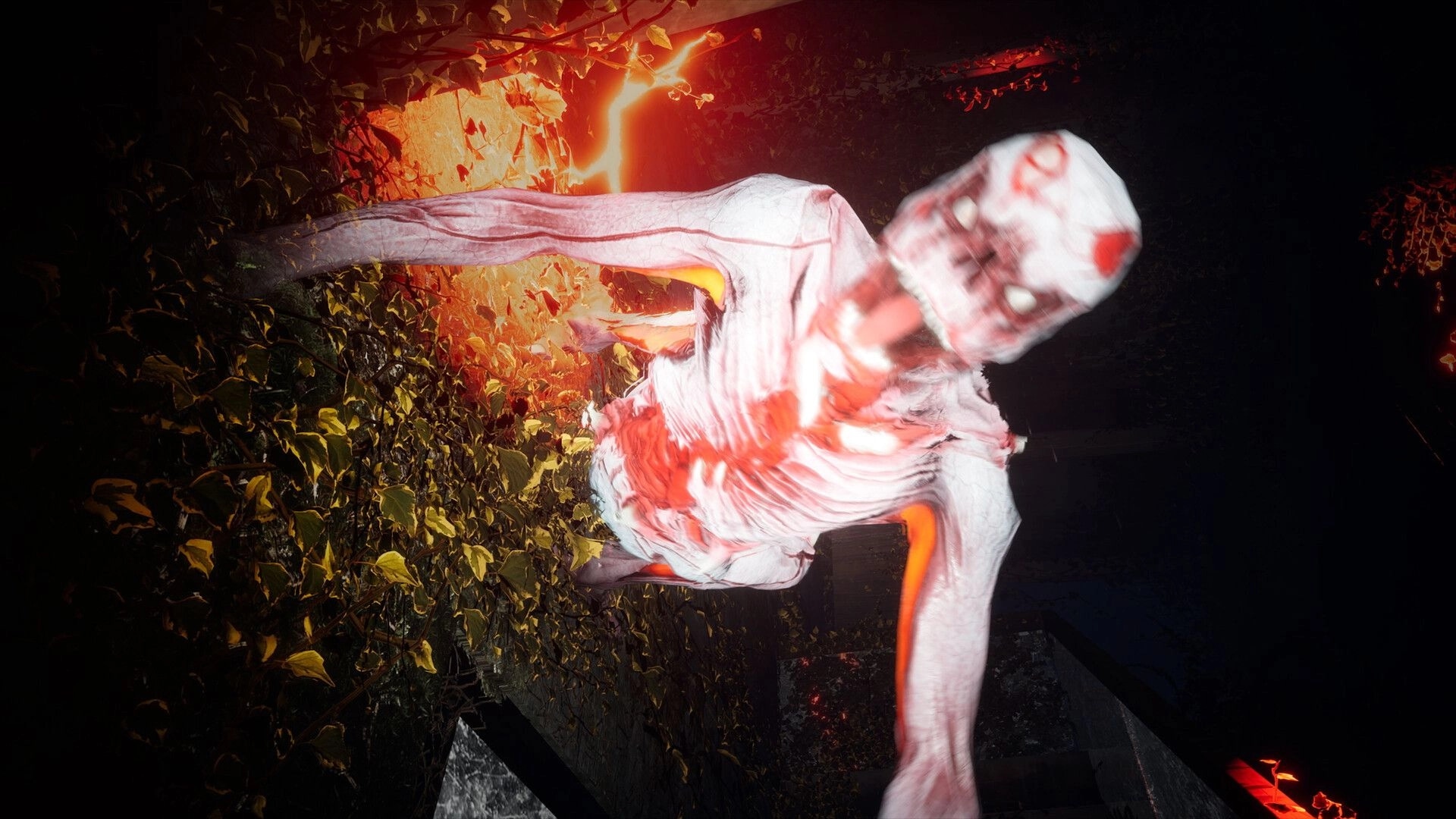 Macabre: A grotesque monster attacks in a dark forest illuminated by eerie red light and glowing leaves