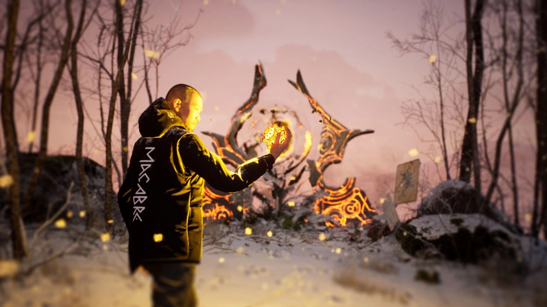 Macabre: Character holding glowing orb in snowy forest with mystical portal illuminated in background