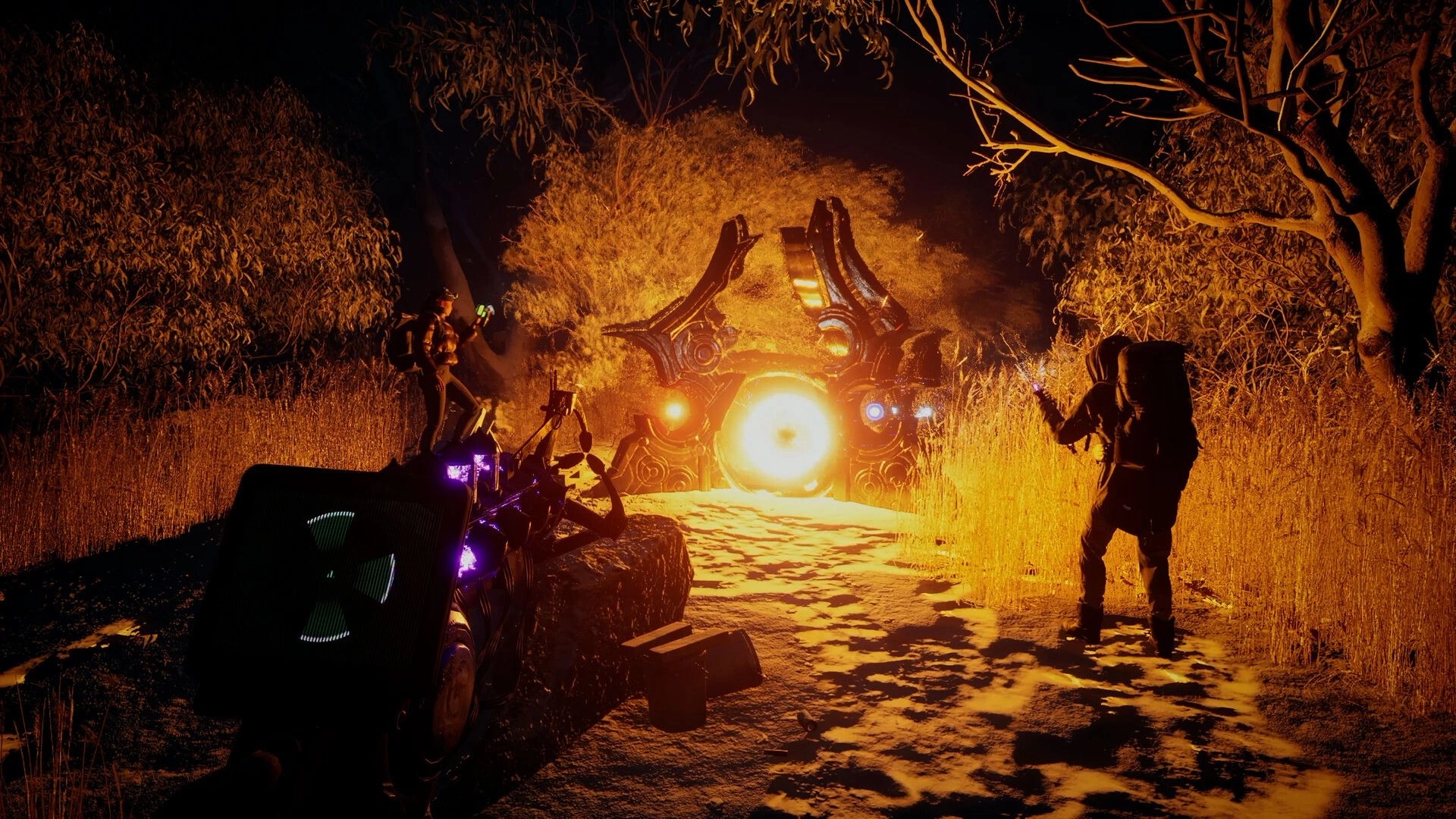 Macabre: Characters encounter glowing portal in dense forest with eerie lighting and mysterious machines