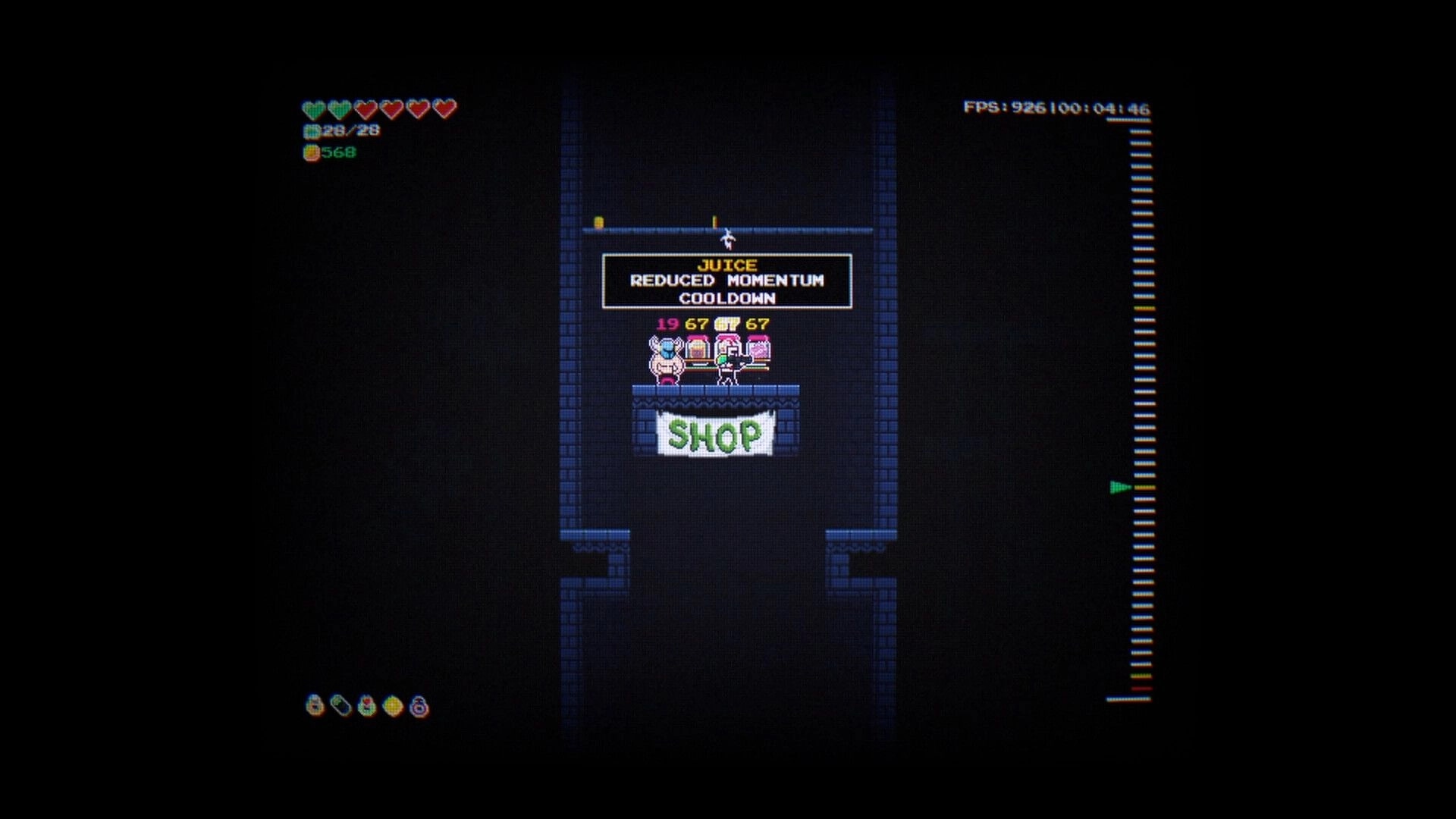 Machine Gun Knight: Player character at shop purchasing upgrades in dark dungeon setting