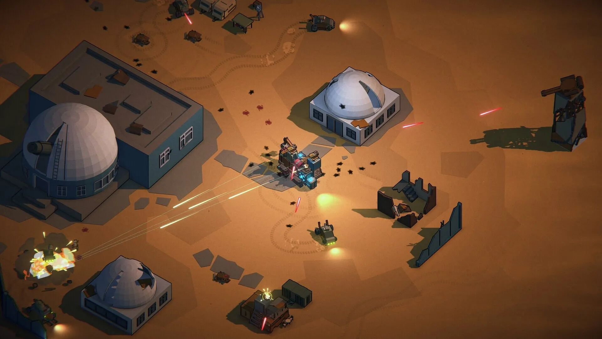 Machine Mind: Combat scene with vehicles firing in a desert base surrounded by domed buildings