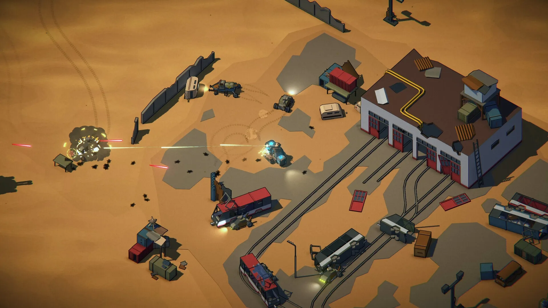 Machine Mind: Vehicles battle near a warehouse in a desert landscape with tracks and scattered crates