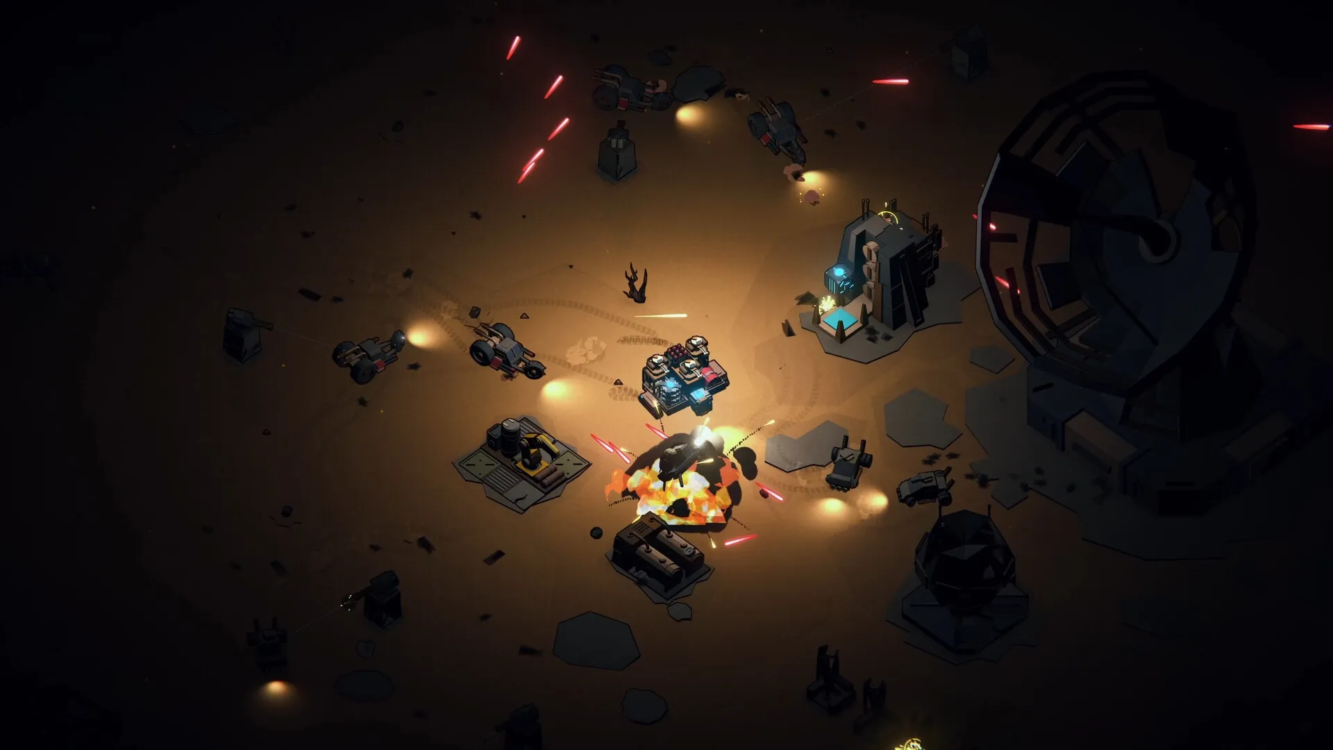 Machine Mind: Overhead view of vehicles attacking a base with explosions and a large satellite dish nearby