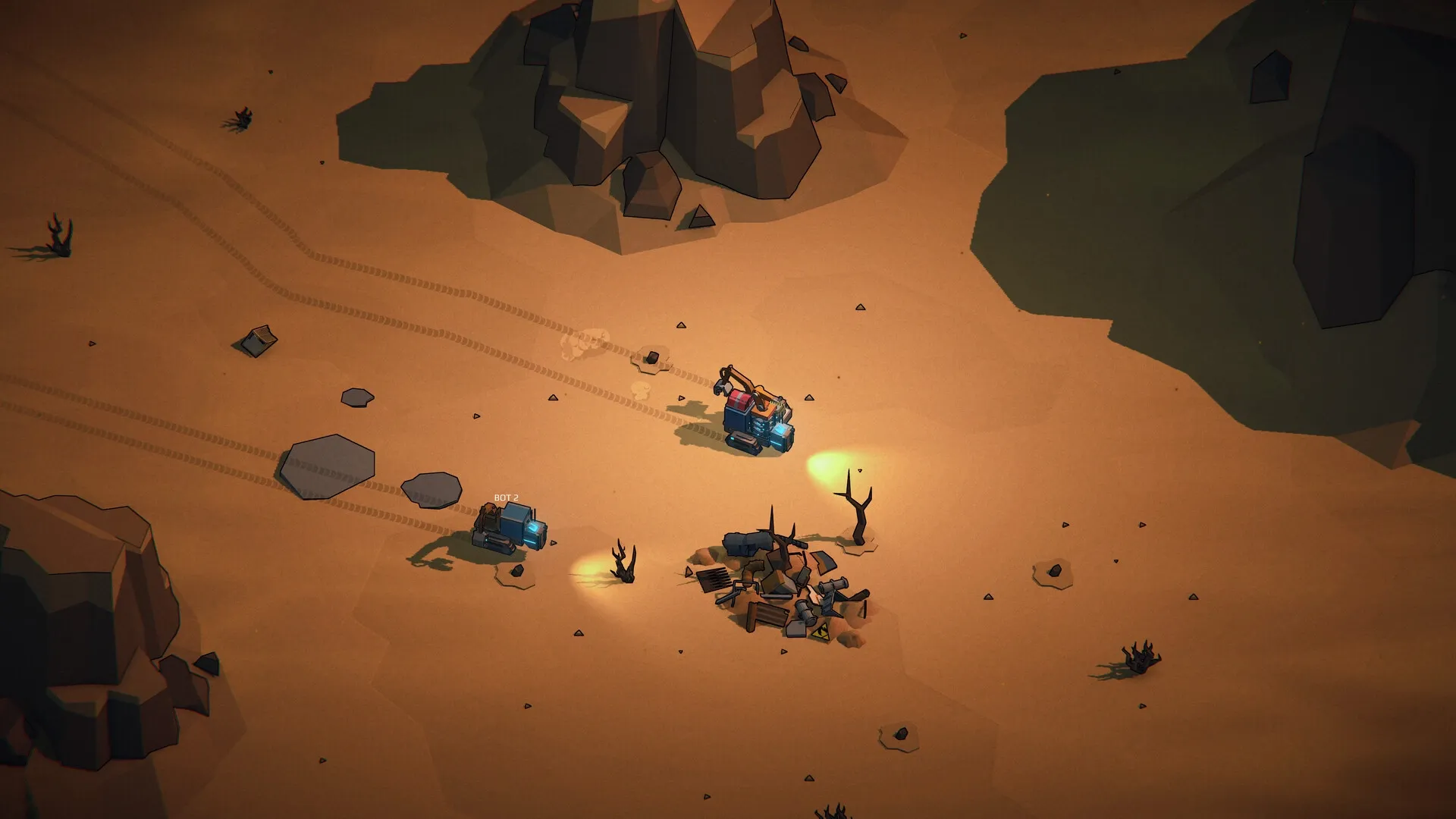 Machine Mind: Two vehicles exploring a barren desert terrain with scattered rocks and debris at night