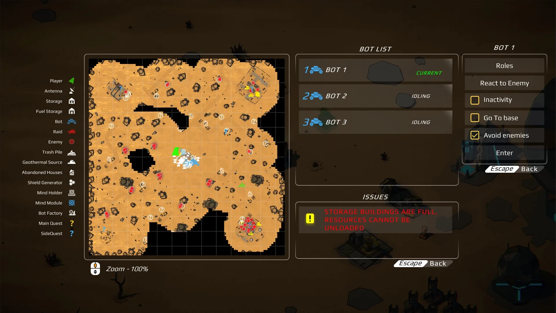 Machine Mind: Tactical map with bot list and resource issues in a desert post-apocalyptic environment