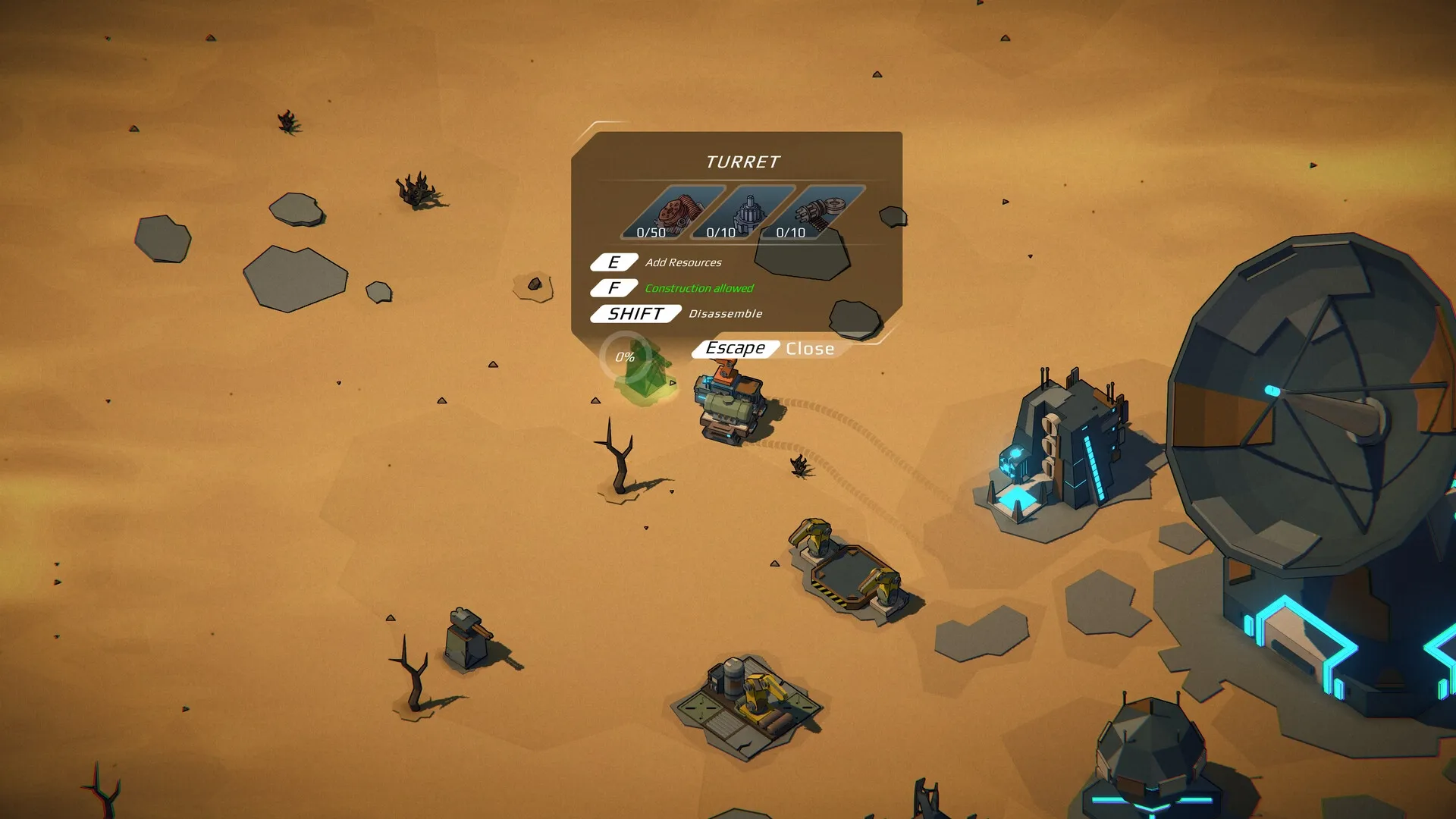 Machine Mind: Turret construction menu open in desert base with buildings and satellite dish nearby