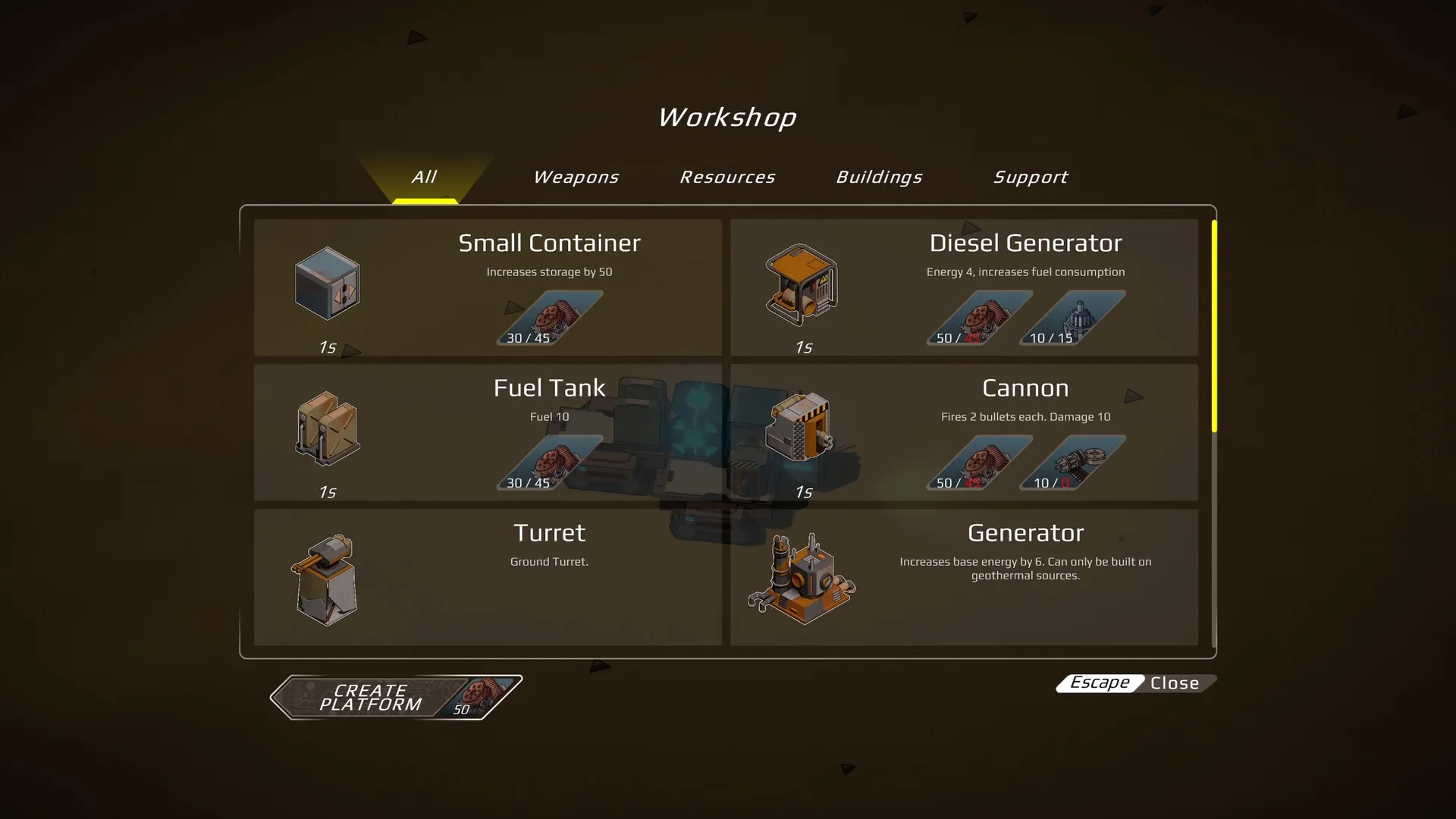 Machine Mind: Workshop interface displaying crafting options for containers, generators, and turrets.
