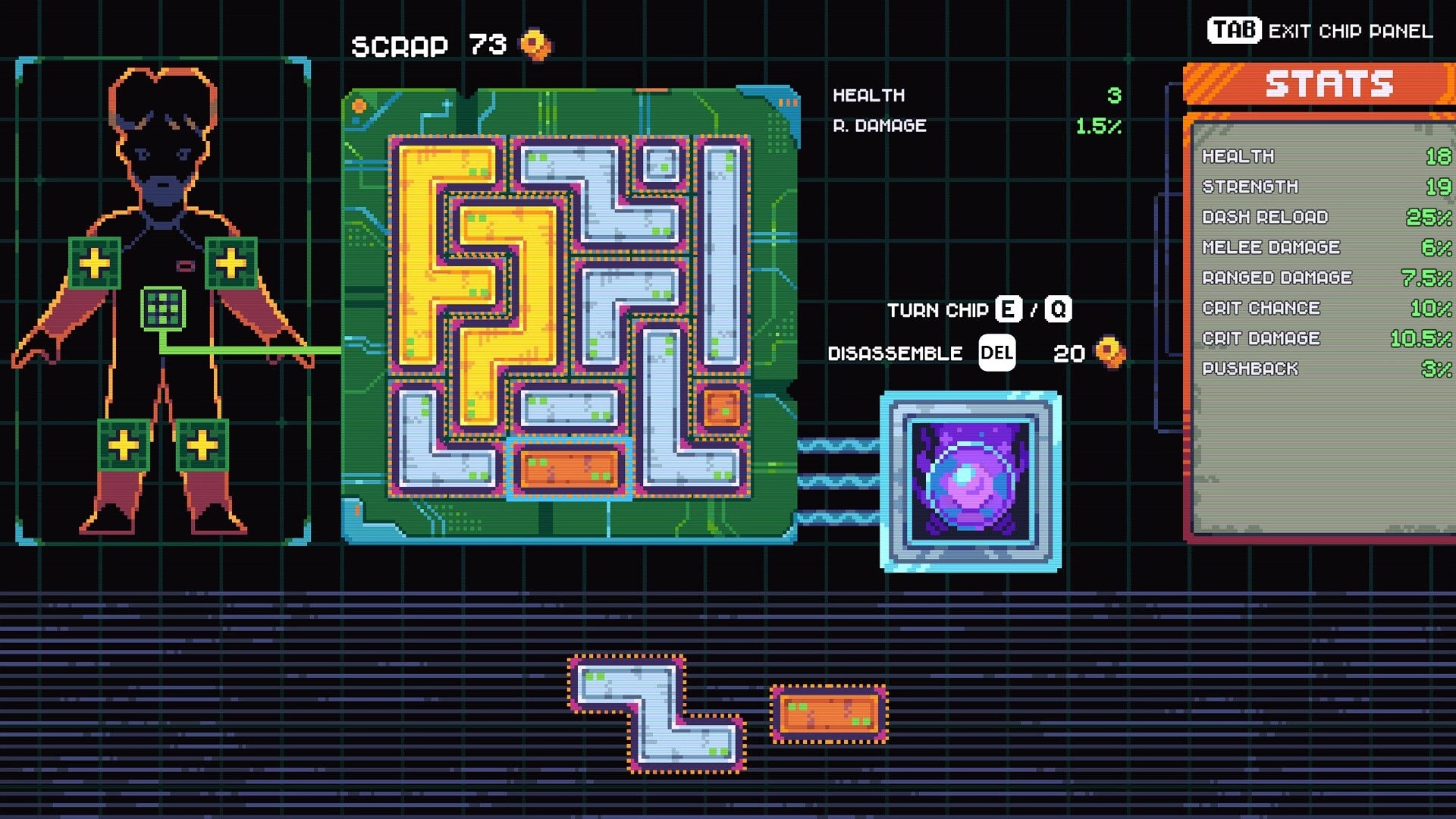 MAD: Chip panel puzzle with circuit tiles and stat list beside a silhouetted character on grid UI.