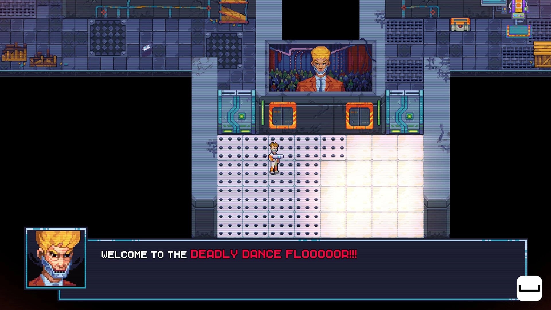 MAD: Player stands on tiled arena floor as a host appears on big screen with dialogue box below.