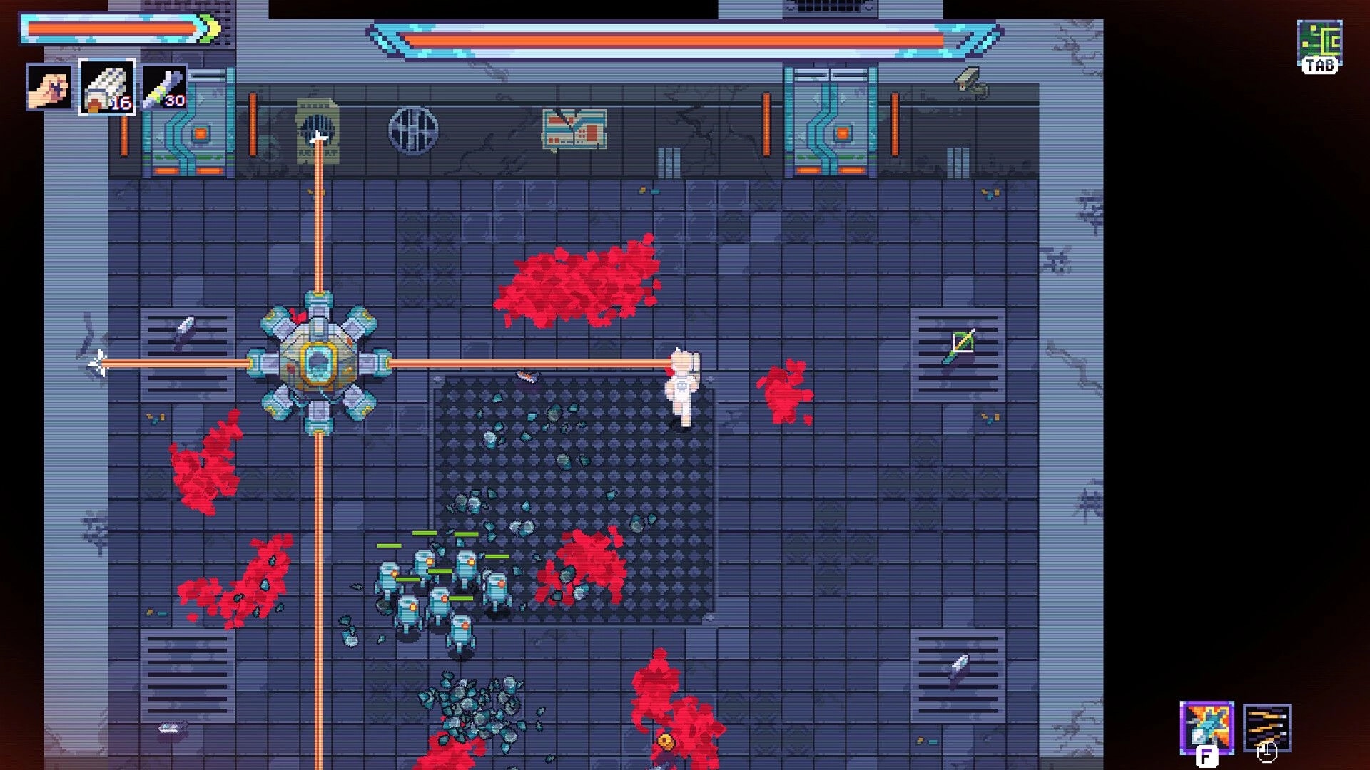 MAD: Top-down firefight as player dodges a laser hub in a tiled arena with blood splatters and UI bars.