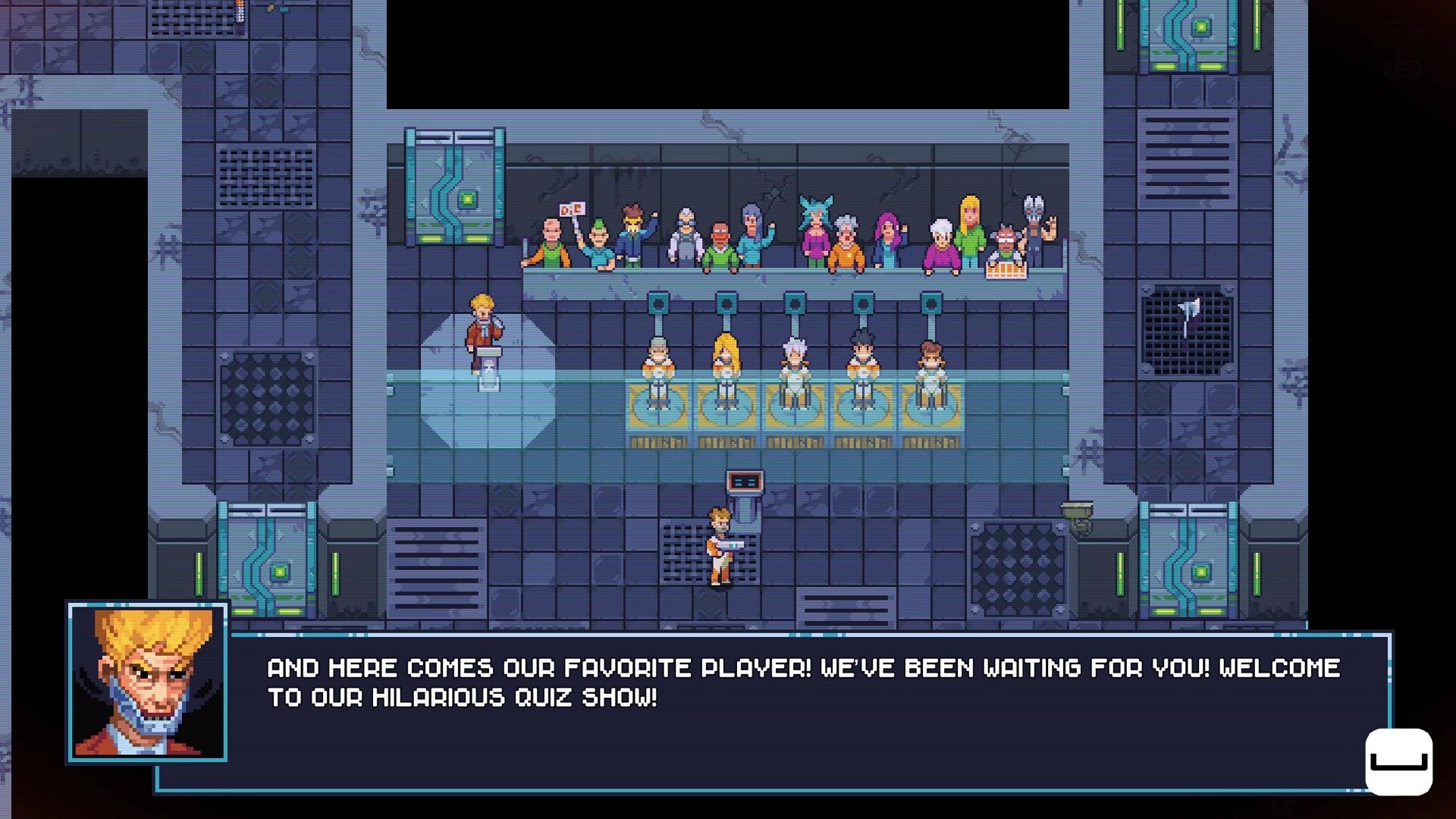 MAD: Dialogue cutscene with host portrait, contestants on pads, and cheering crowd in arena room.