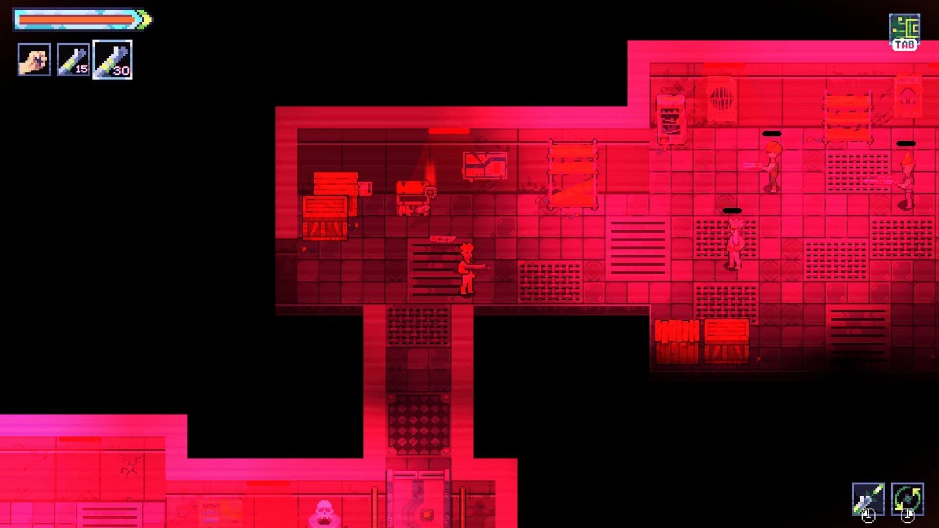 MAD: Top-down shooter fight with armed enemies in red-lit corridor, health bar and ammo icons visible.