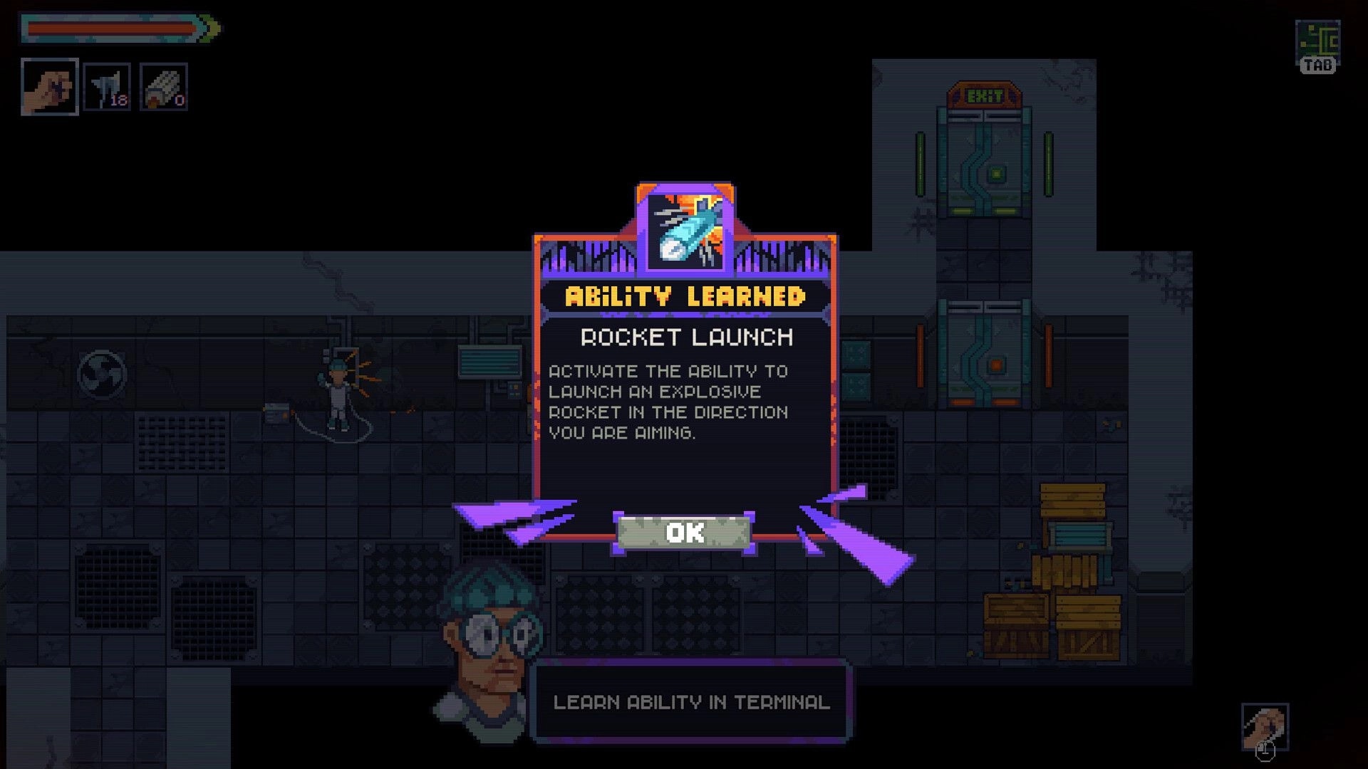 MAD: Ability learned popup for Rocket Launch over a dim sci-fi corridor with EXIT door and crates.