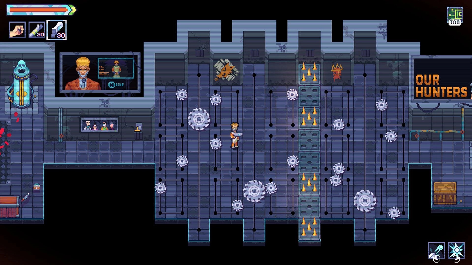 MAD: Player stands amid spinning saw traps and flame vents in a neon dungeon corridor with HUD icons.