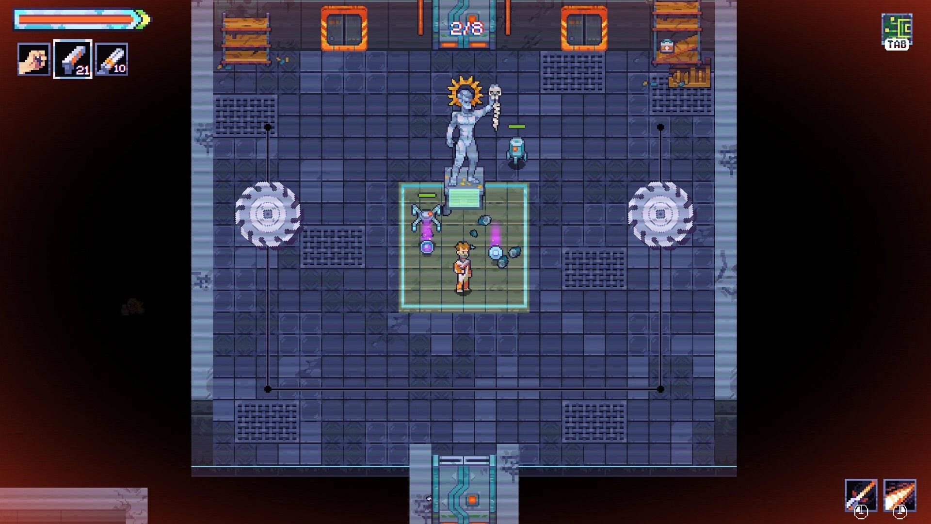 MAD: Player stands by a statue and drones in a tiled arena room, with health and ammo UI visible.