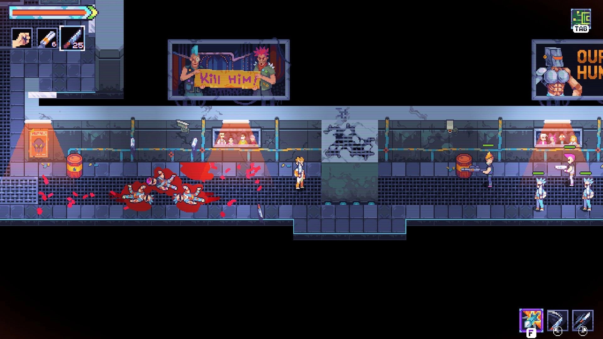 MAD: Top-down corridor firefight with bloodied bodies, enemies ahead, and inventory UI open.