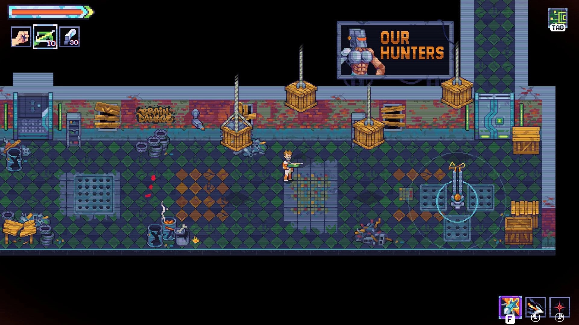 MAD: Player aims rifle in tiled corridor with crates, robots, and health bar and ammo icons UI.
