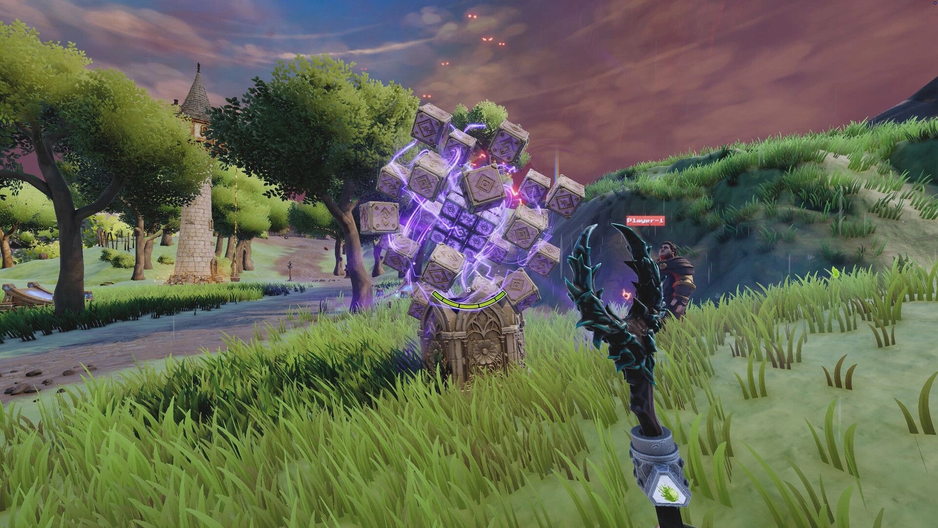 Mad Ever After: Player aims thorny staff at glowing cube shrine in grassy path with Player-1 ally nearby.