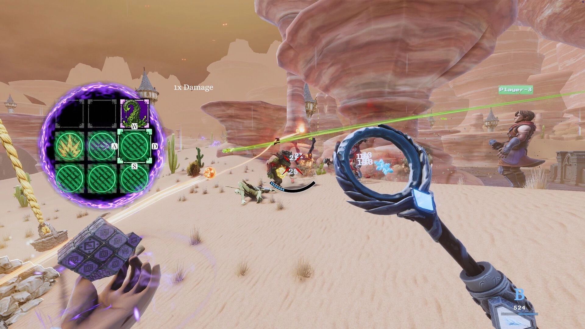 Mad Ever After: First-person spell combat with radial grid UI in sandy canyon with co-op ally firing.
