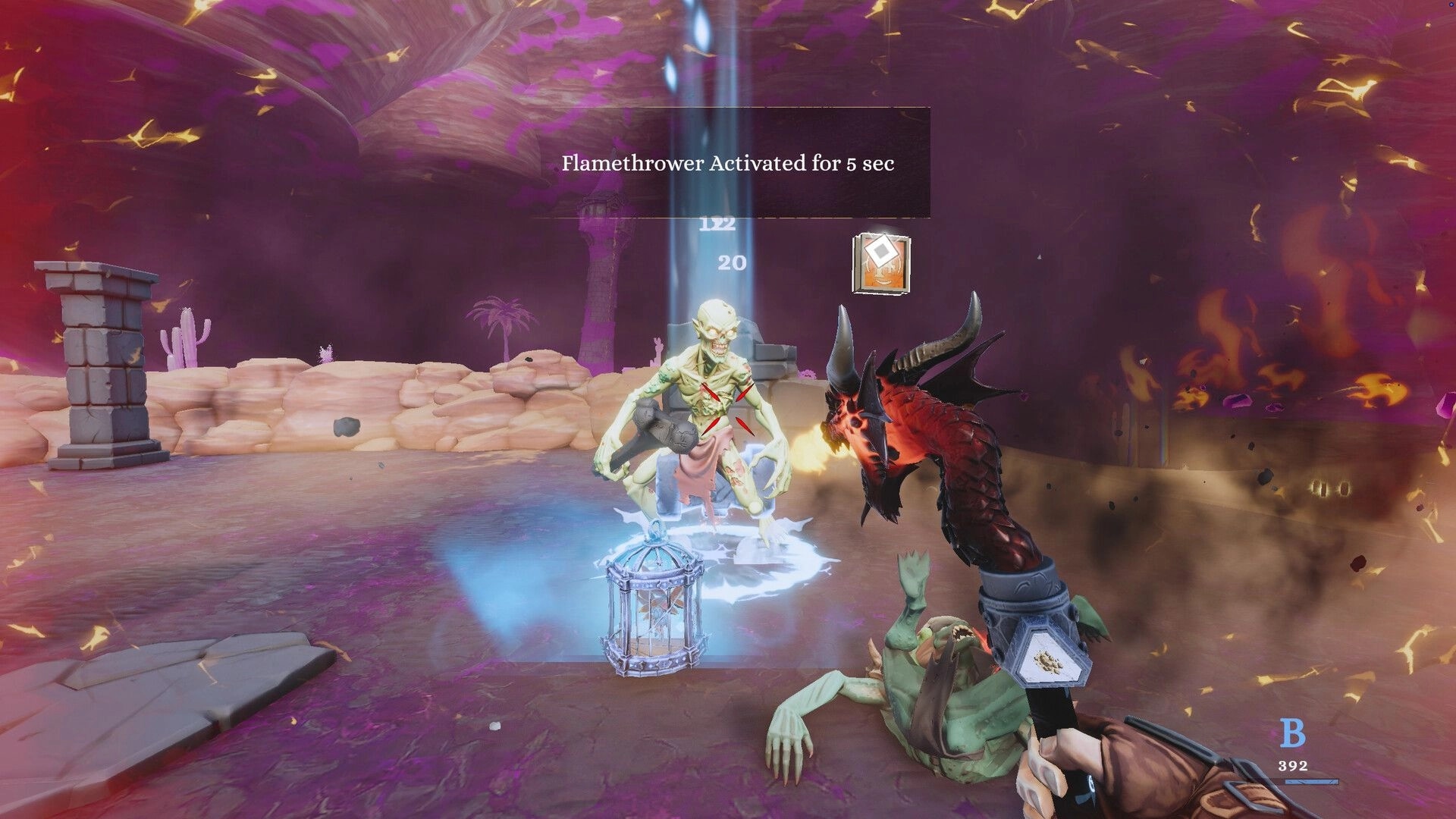 Mad Ever After: Flamethrower buff active as player fights undead in a purple desert arena with HUD.