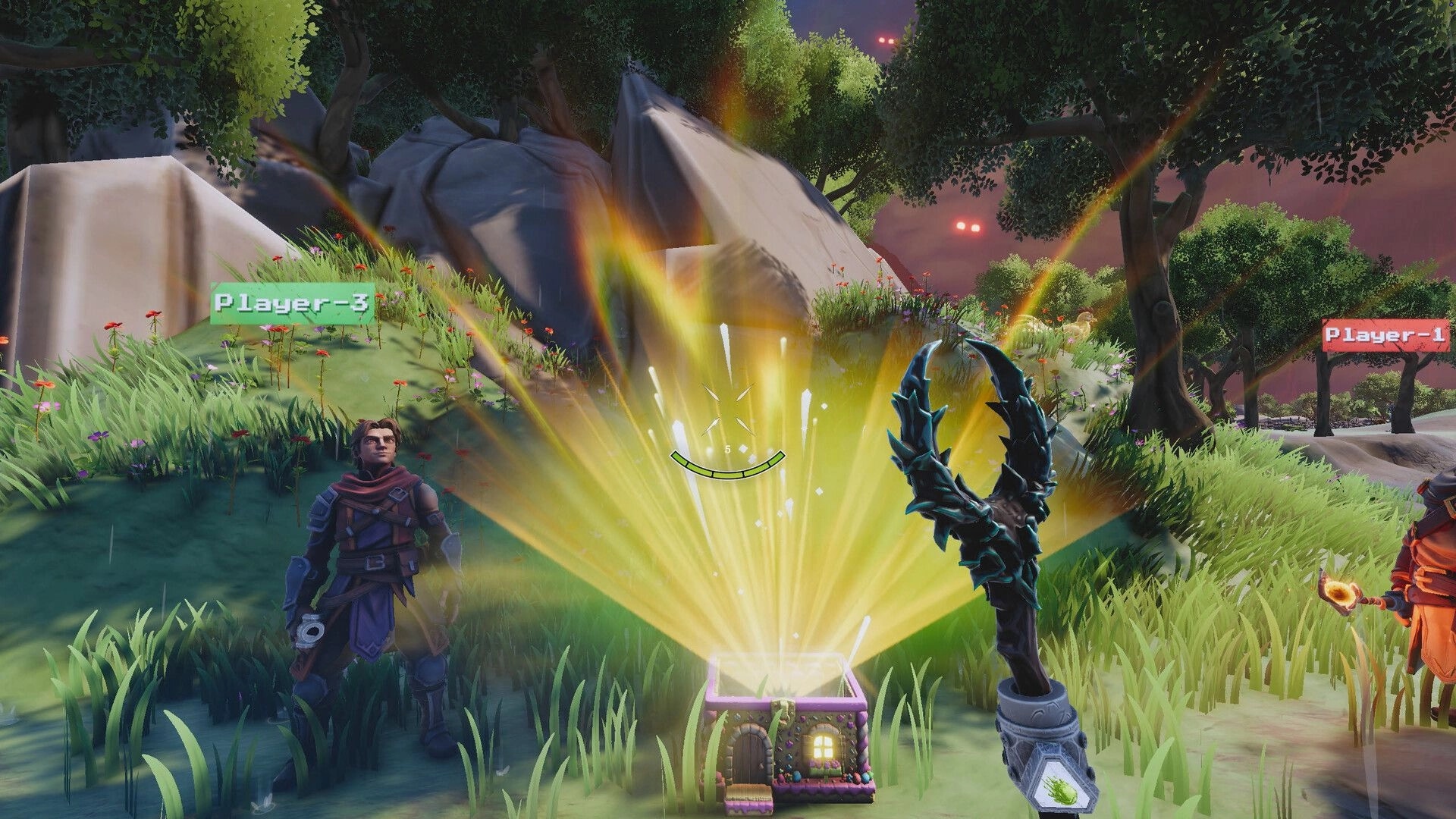 Mad Ever After: Co-op players looting a glowing chest in a grassy forest clearing with UI tags.