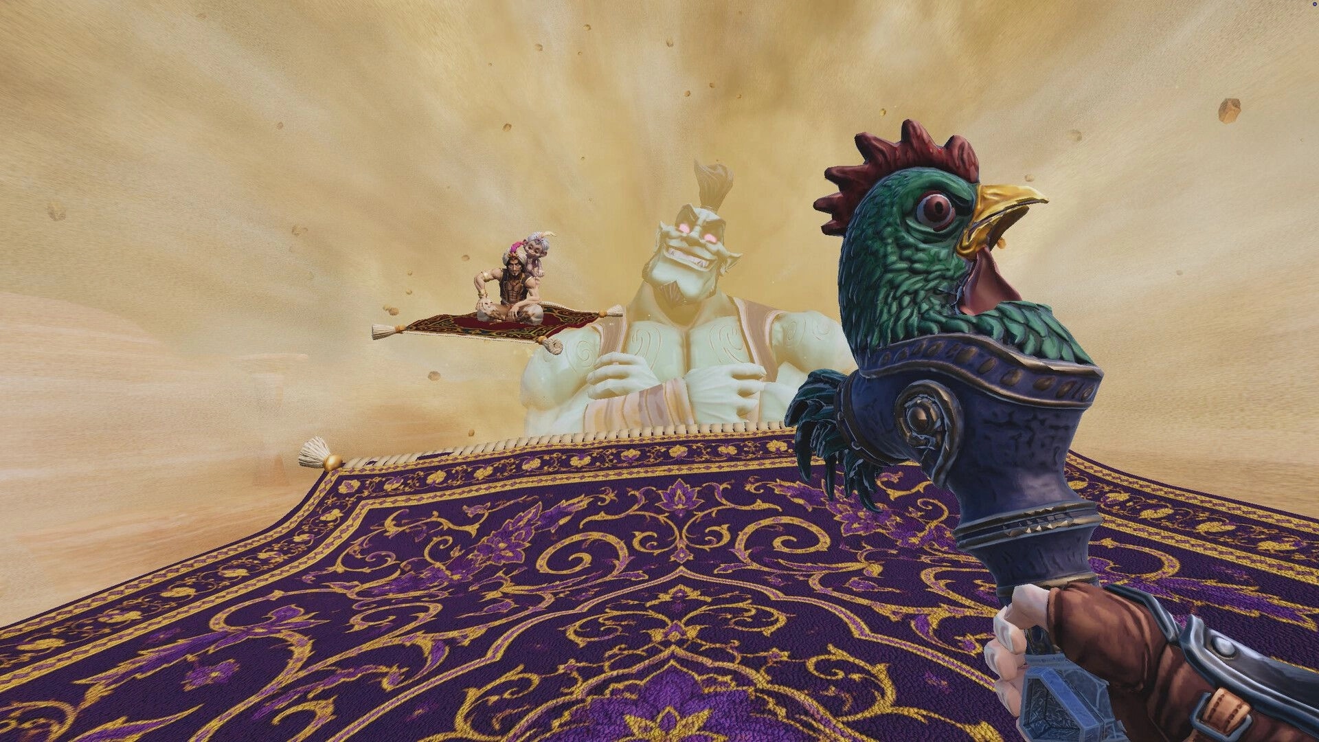 Mad Ever After: First-person view holding a rooster staff on a flying carpet in a dusty sky realm.