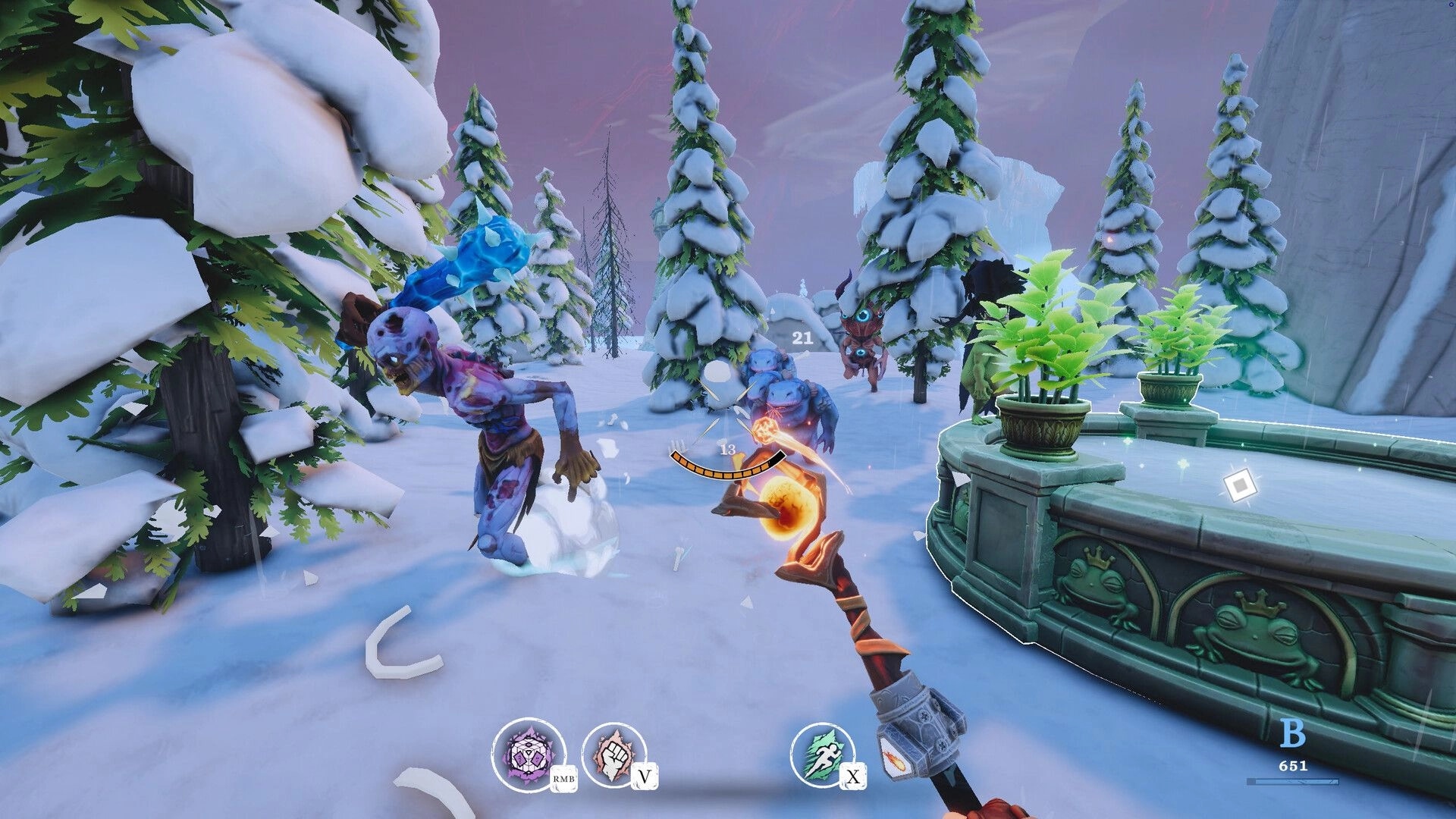 Mad Ever After: First-person staff attack on monsters in snowy pine forest with spell HUD icons.