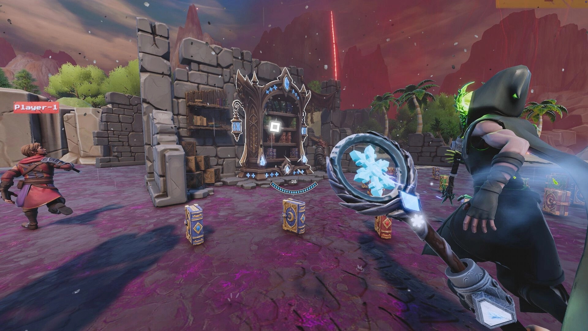 Mad Ever After: Co-op hub area with Player-1 and a mage holding icy staff facing a spell cabinet shrine.