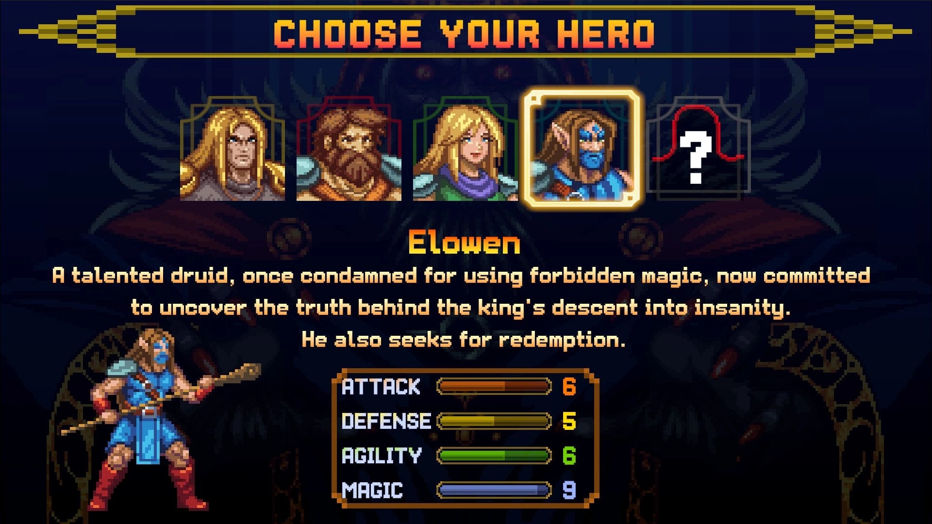 Mad King Redemption: Choose Your Hero screen highlighting Elowen with stats bars on dark backdrop.