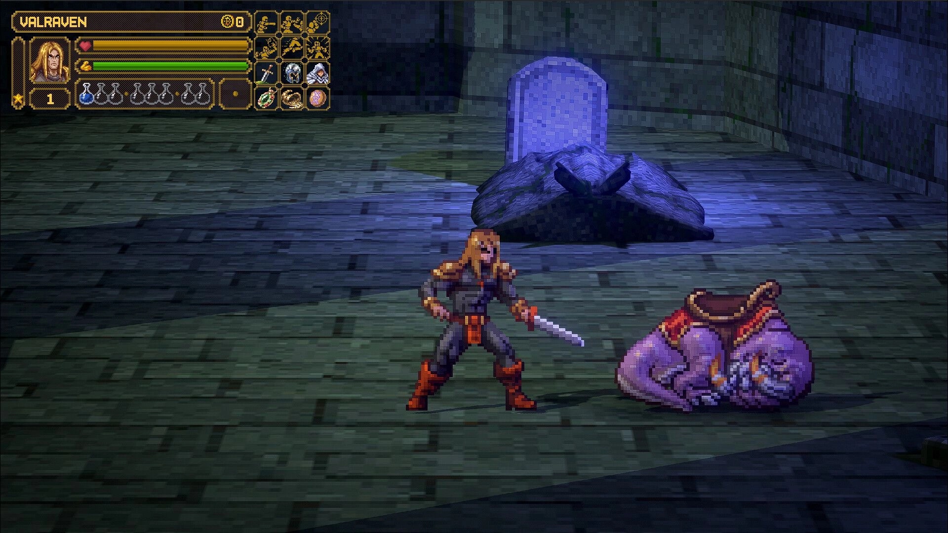 Mad King Redemption: Valraven stands with sword near a fallen beast in a dim stone chamber UI visible.