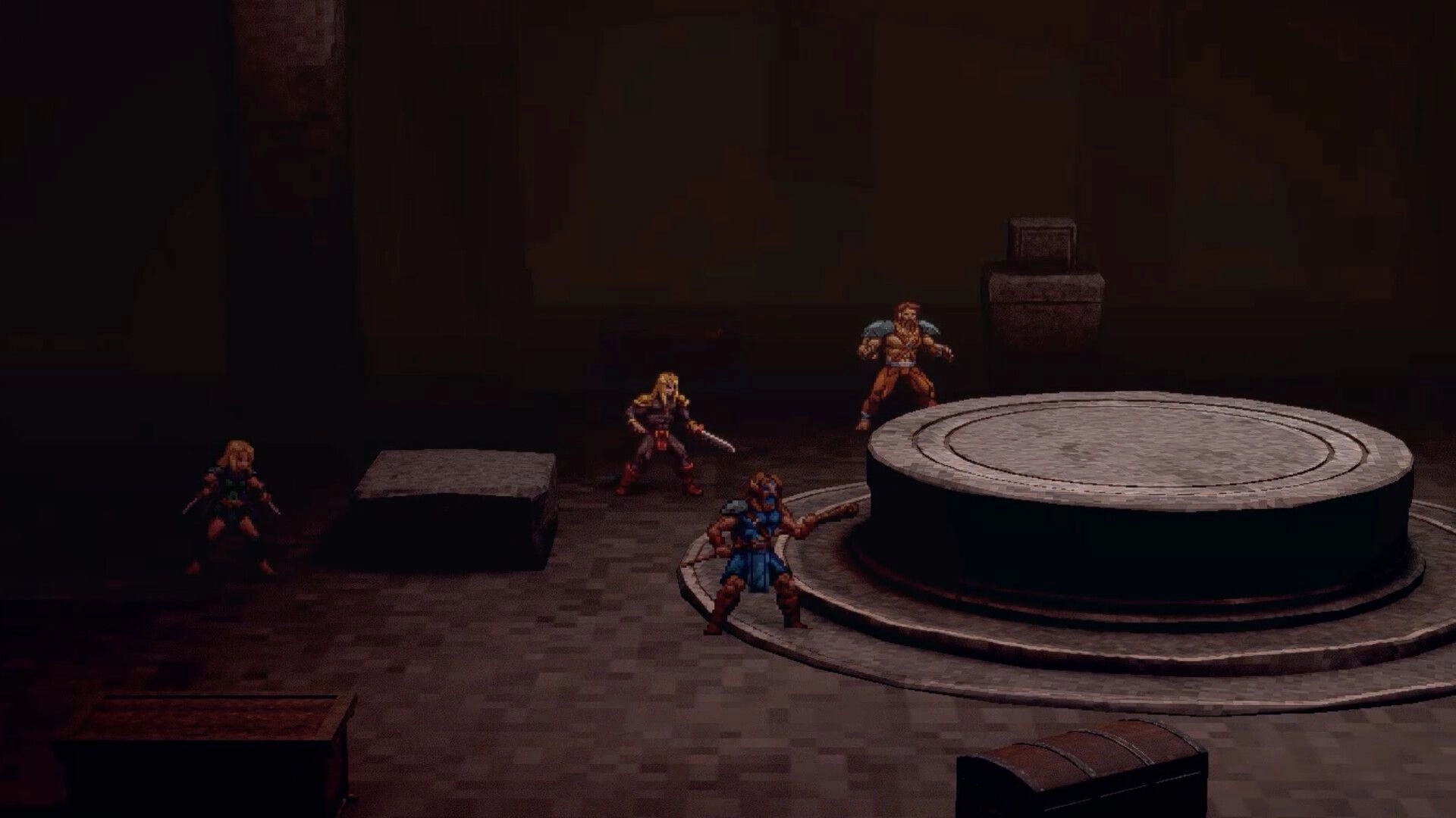 Mad King Redemption: Four fighters ready for combat around a stone dais in a dim dungeon room.