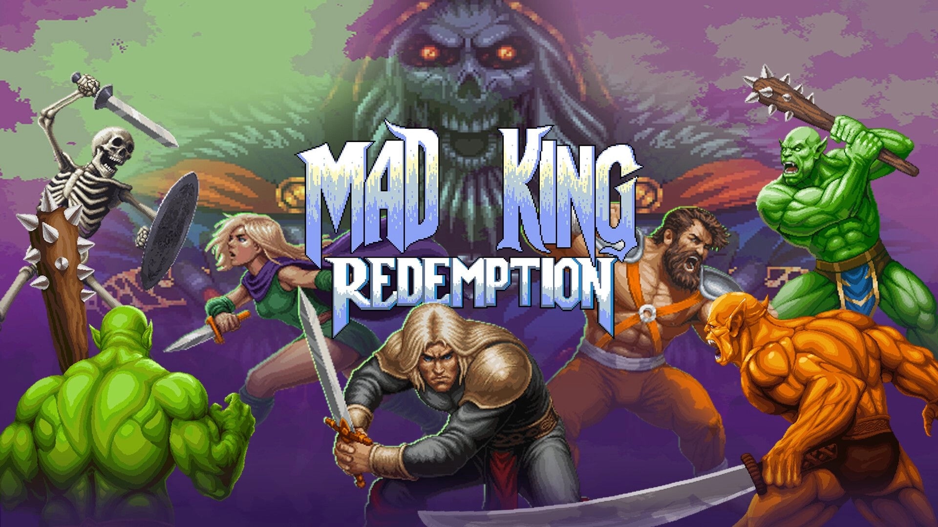 Mad King Redemption: Title screen with heroes and monsters posed for battle under a looming skull king.