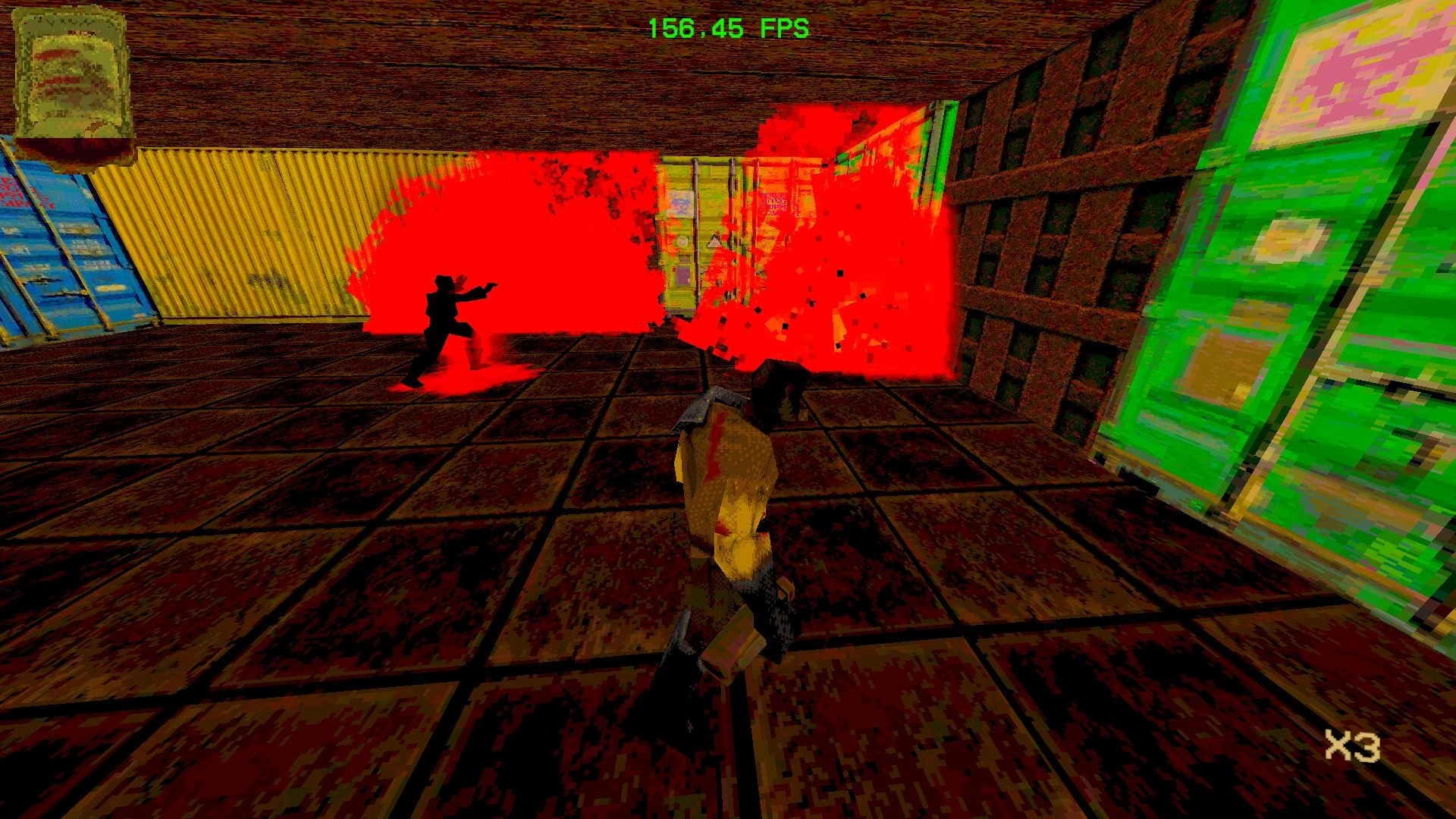 MADDMADD: Third-person firefight as explosions blast enemies in a container warehouse, FPS counter visible.