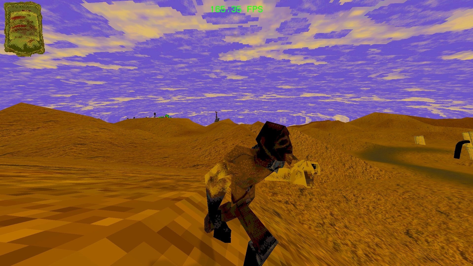 MADDMADD: Third-person character running across sandy dunes under purple sky, FPS counter visible.