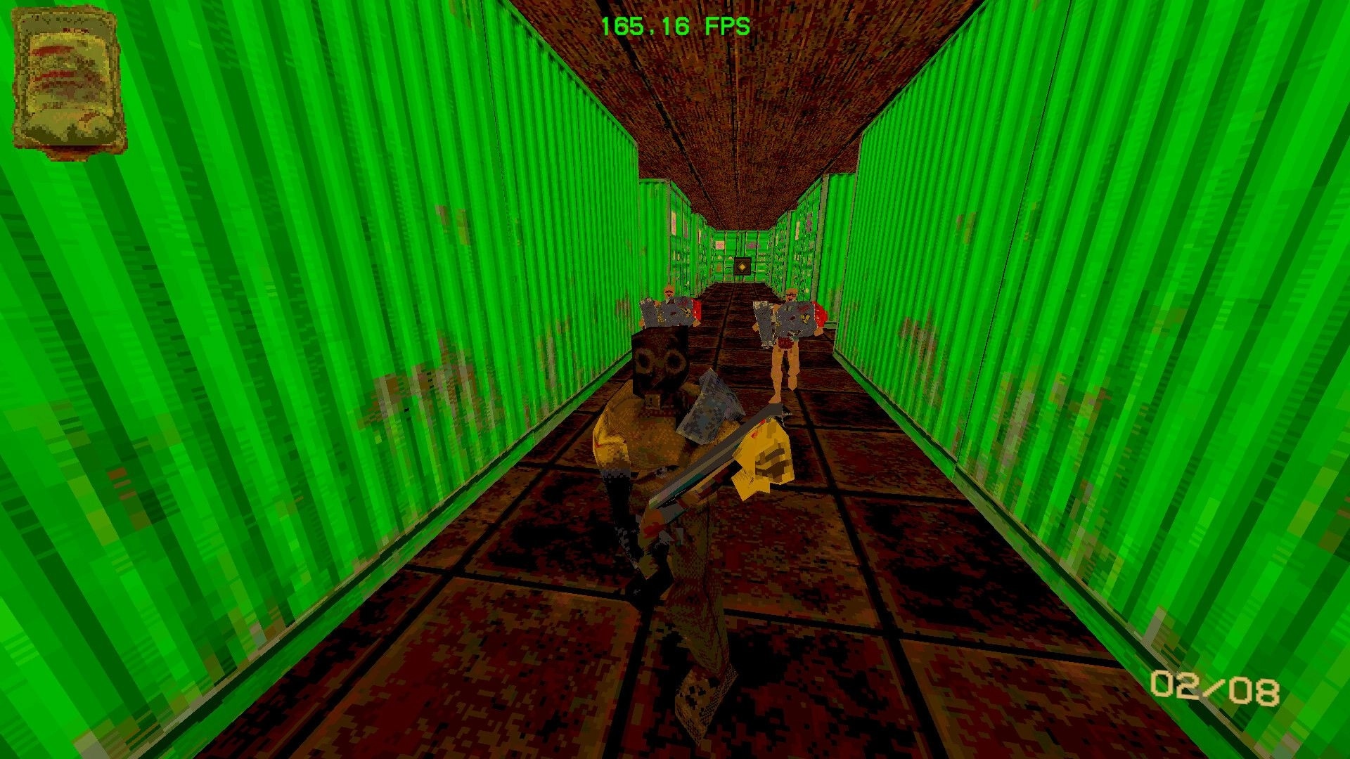 MADDMADD: Third-person firefight with shotgun-wielding soldier in neon green corridor, FPS counter UI.
