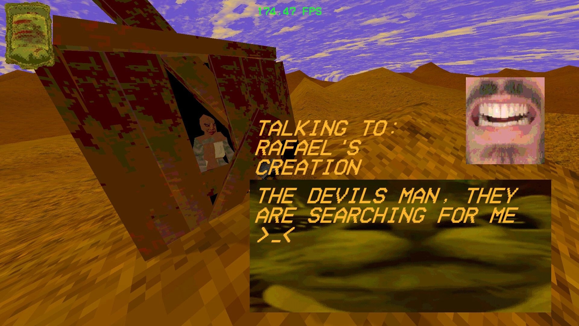 MADDMADD: Dialogue with Rafael's Creation by a camo tent in pixel desert, FPS counter and portrait UI.