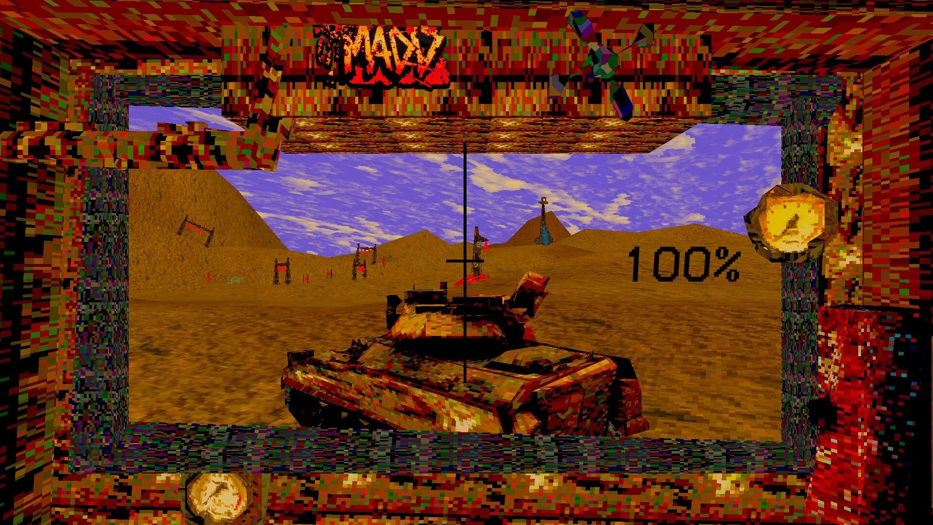 MADDMADD: Tank aiming with crosshair and 100% HUD in a pixelated desert arena framed by cockpit UI.