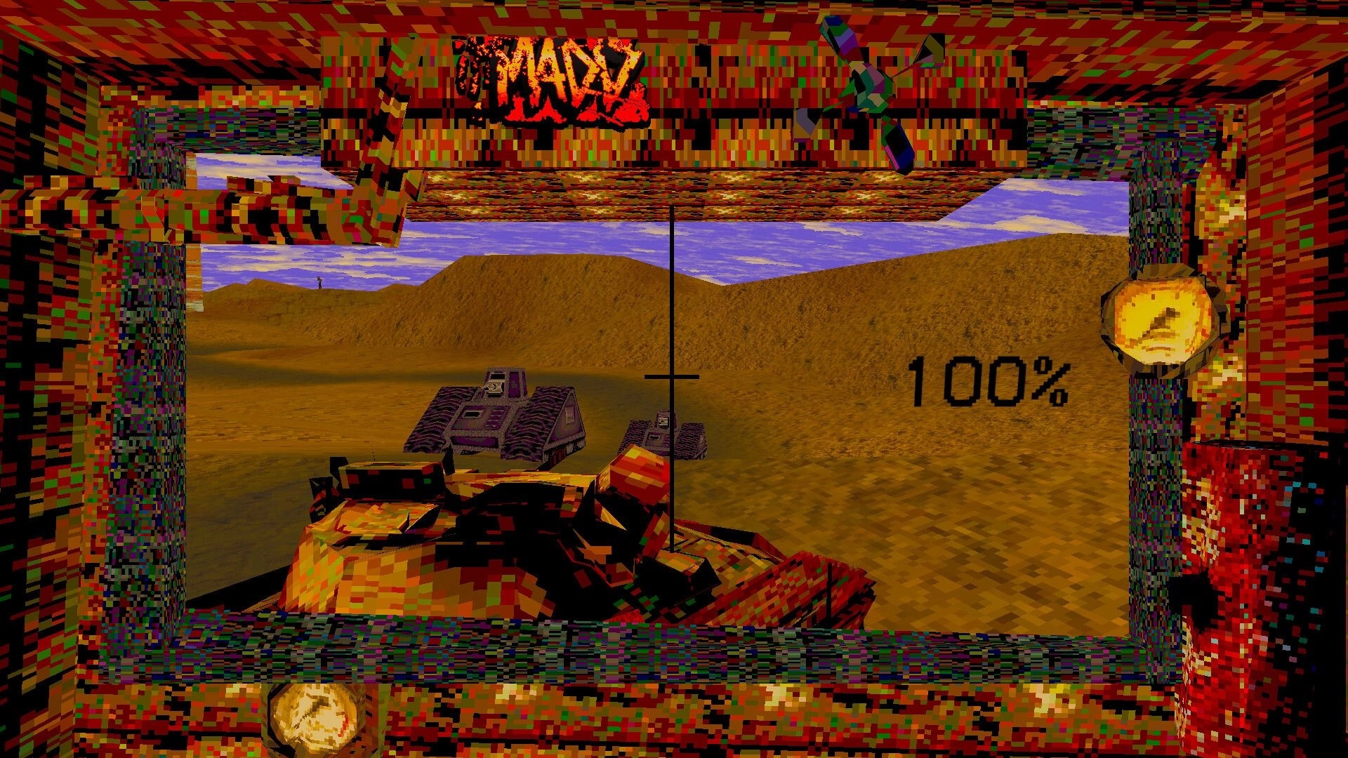 MADDMADD: Tank turret view aiming at another tank in sandy desert arena with crosshair and 100% HUD.