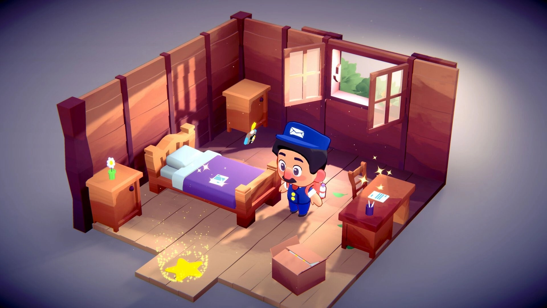 MAFATE: Mail carrier in uniform stands in wooden room with bed, desk, and glowing star on the floor