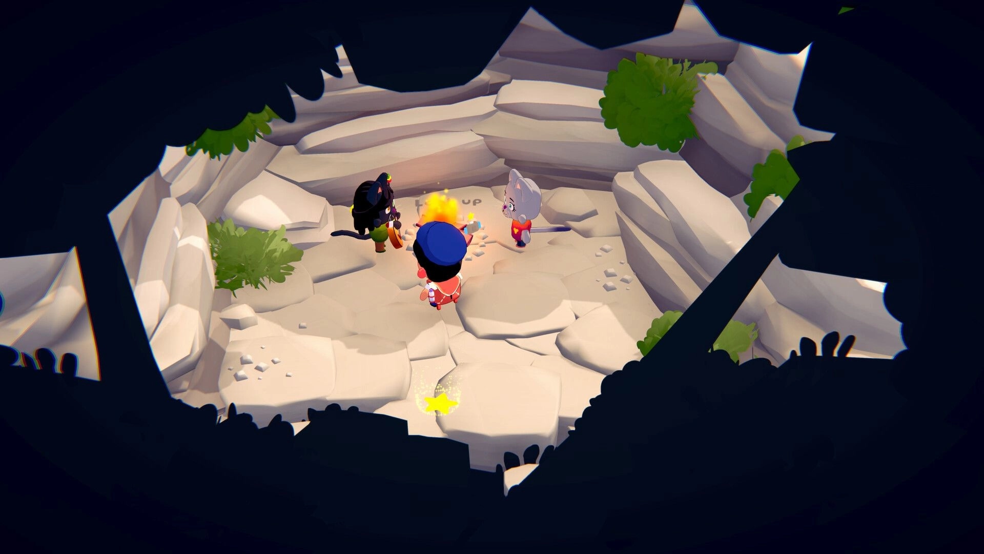MAFATE: Three characters gather around a small campfire in a rocky, enclosed area with sparse greenery.