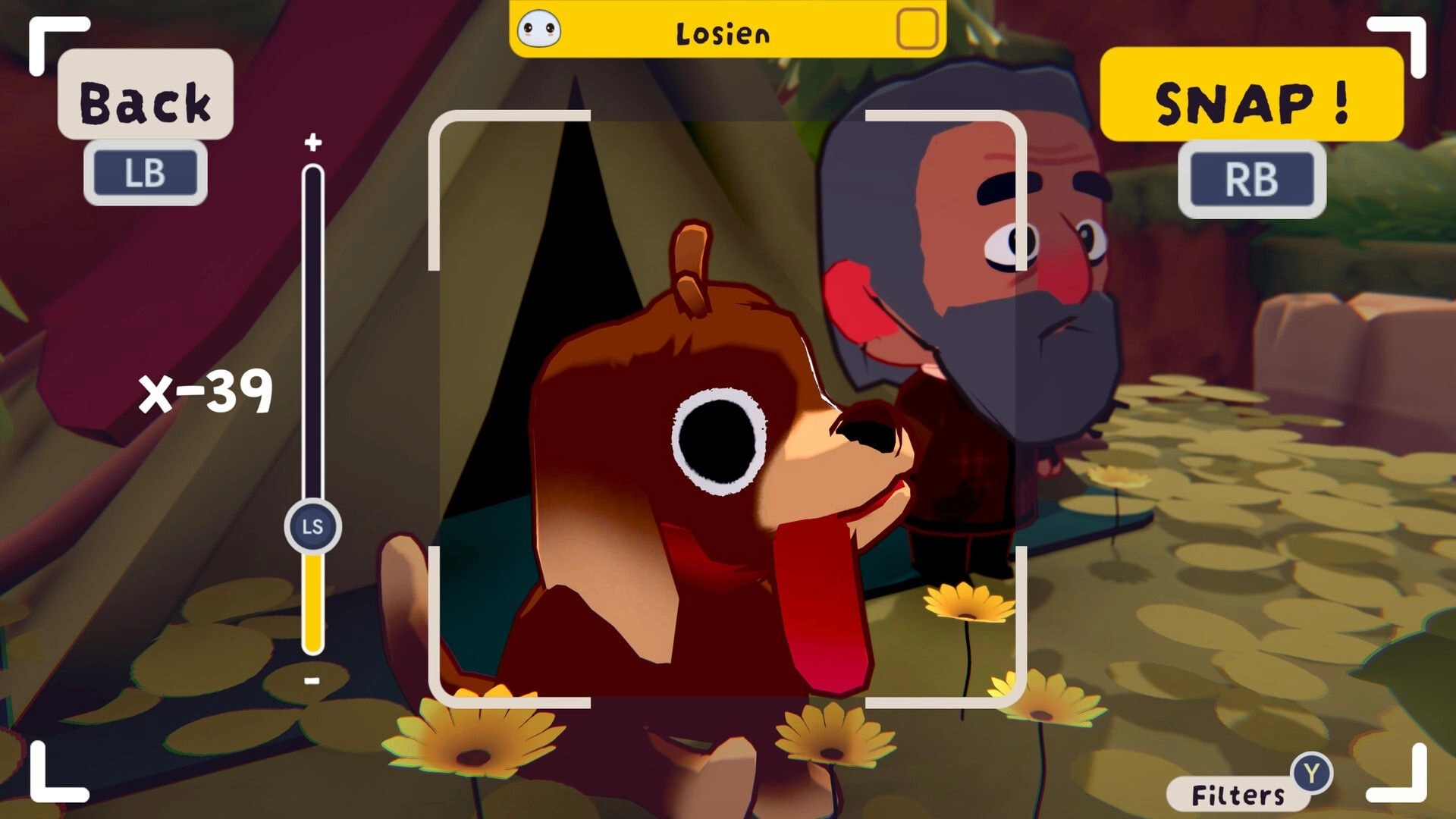MAFATE: Camera view focused on a dog and a character named Losien in a forest with UI controls visible.