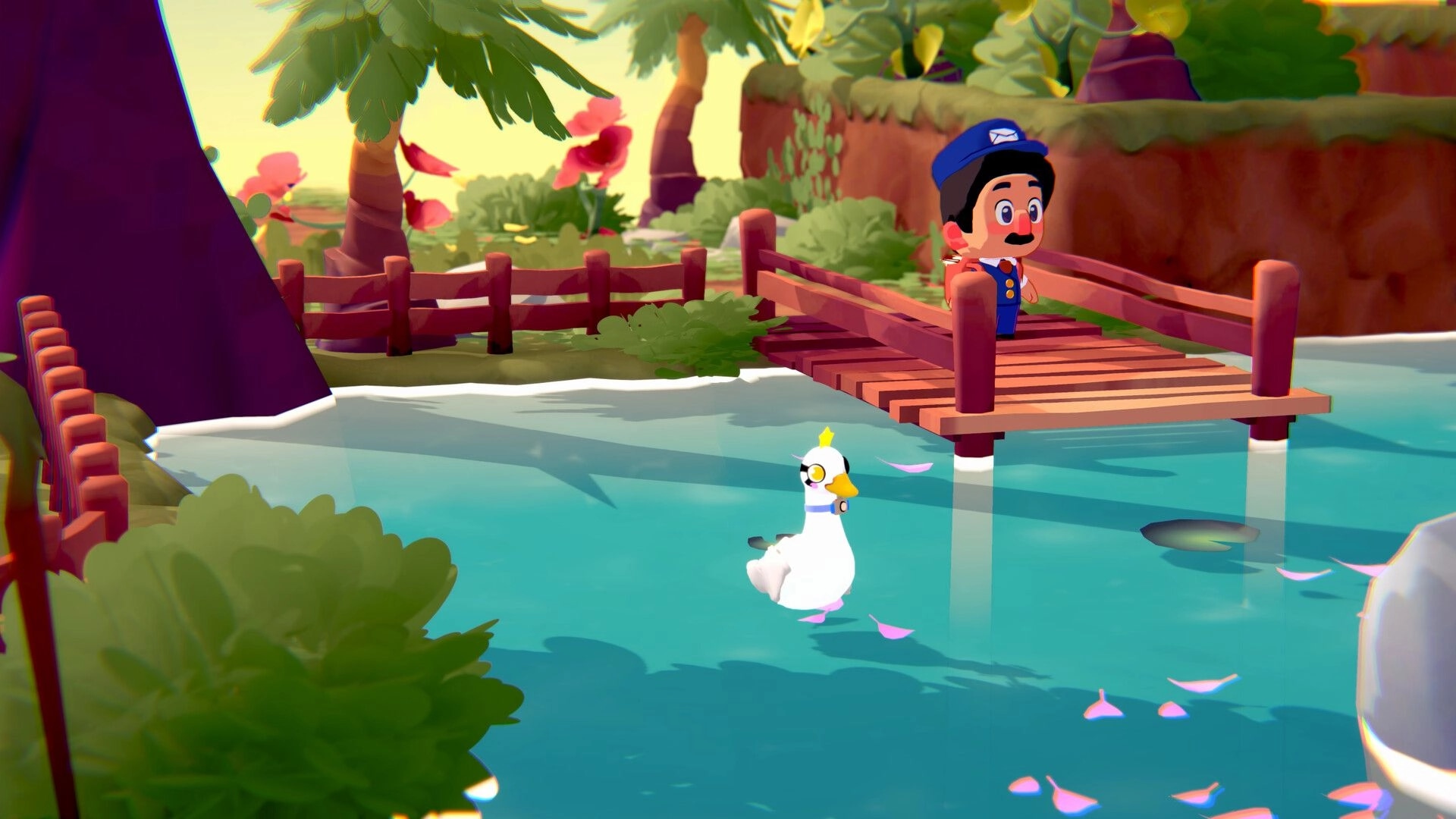MAFATE: Mail carrier on bridge over pond with duck, surrounded by lush tropical plants and trees