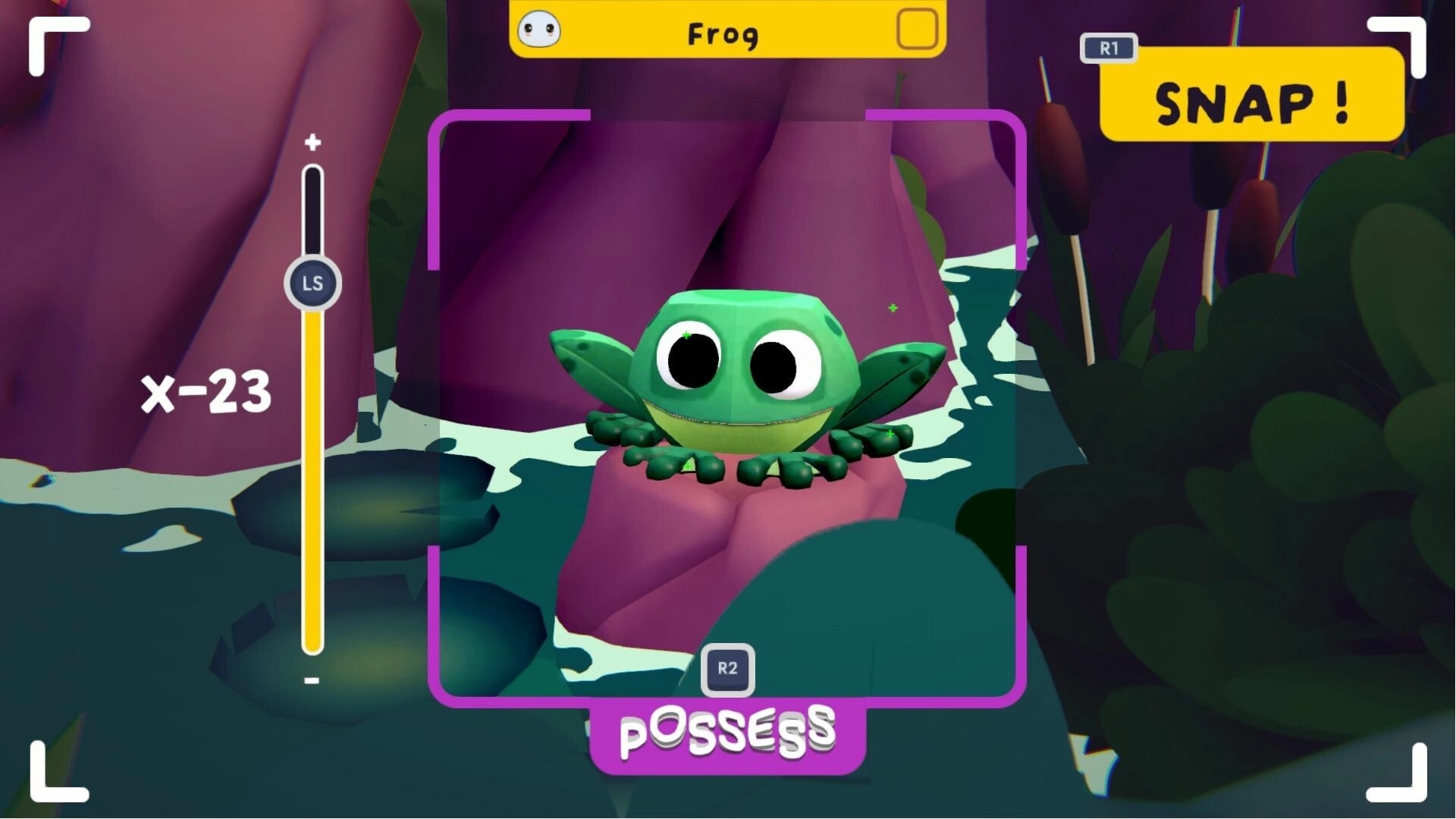 MAFATE: Capturing a frog with camera controls and snap button in a lush, vibrant forest environment.
