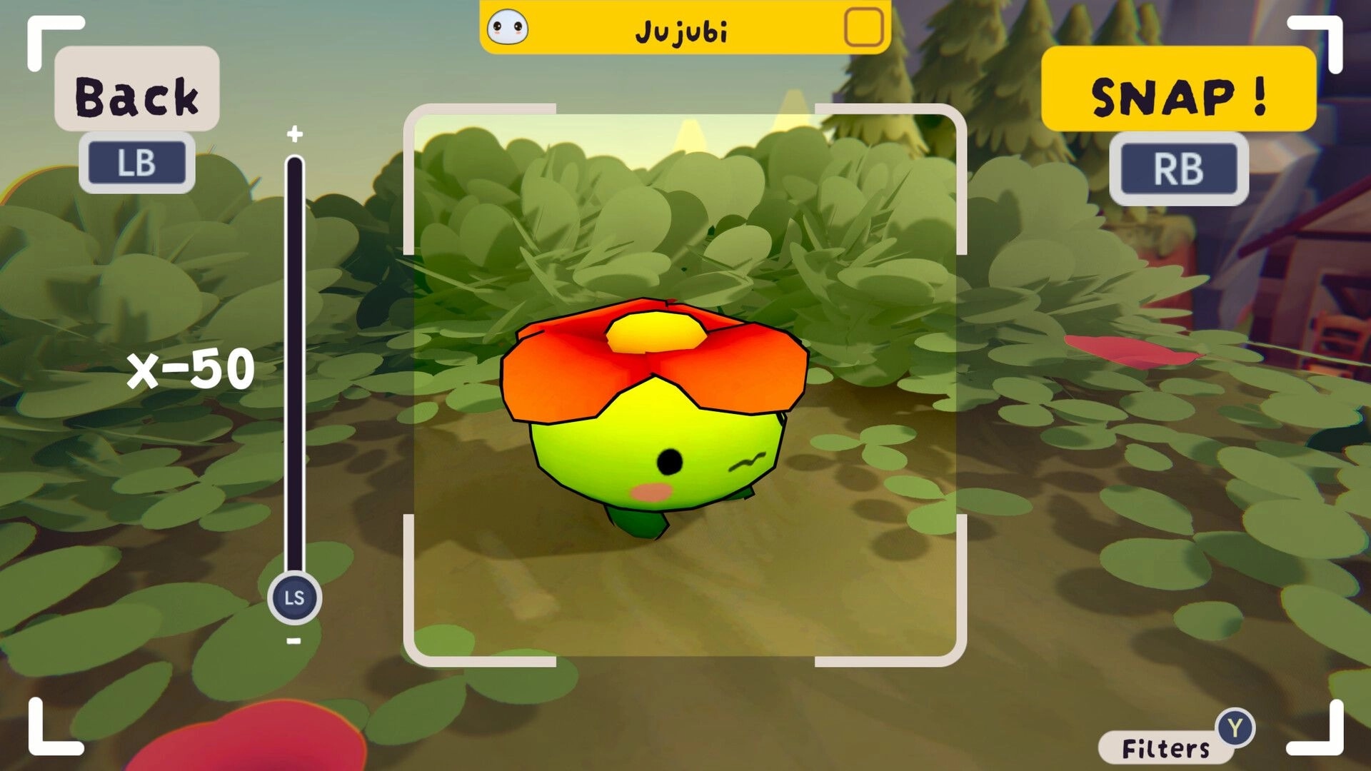 MAFATE: Photographing Jujubi character surrounded by lush greenery with camera interface onscreen