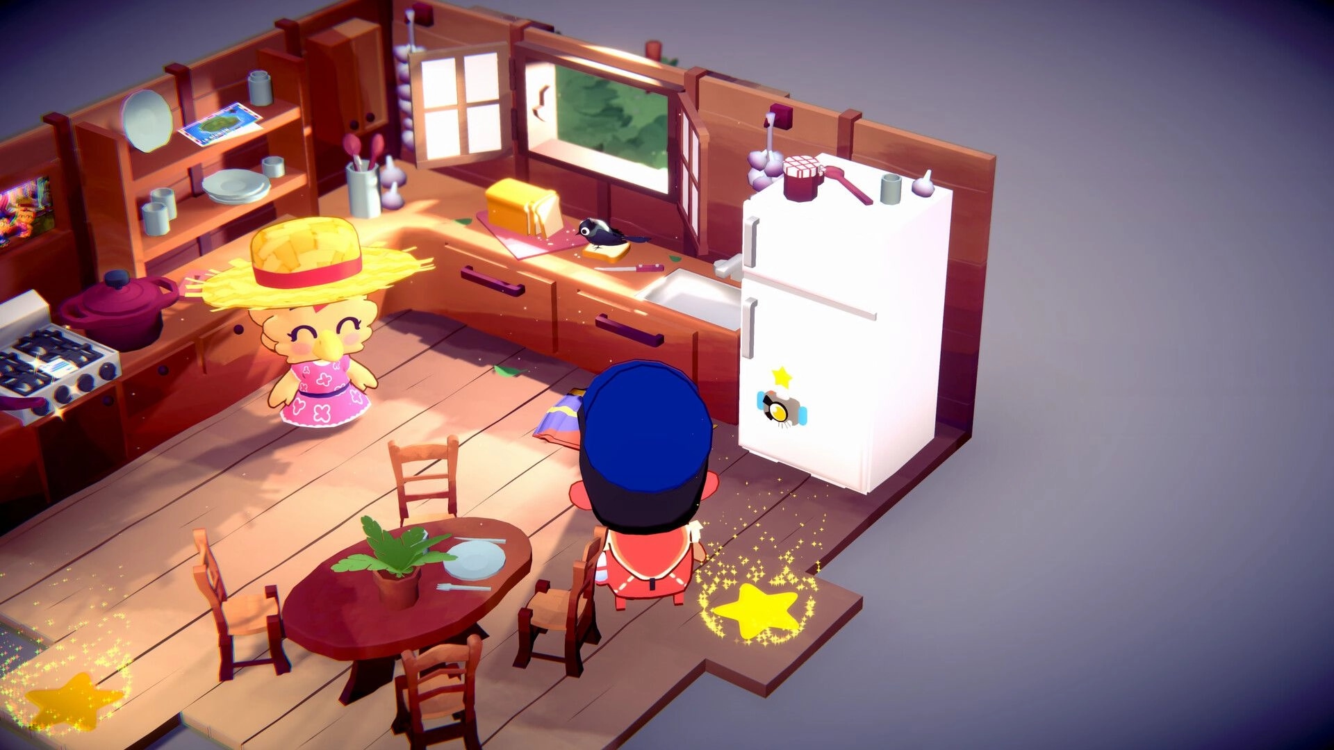 MAFATE: Mail carrier and Luna in cozy kitchen with fridge, table, and window scenery